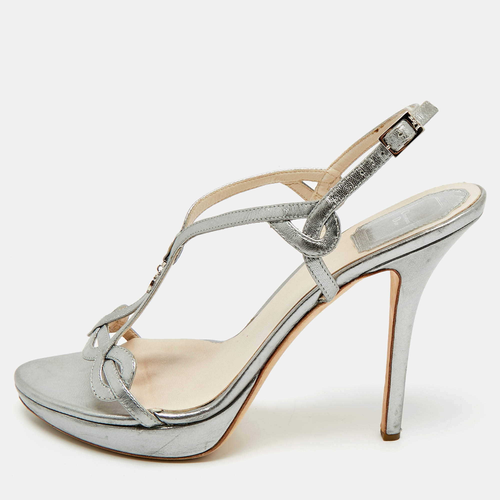 Pre Owned Dior Silver Leather Logo Slingback Sandals Size 39