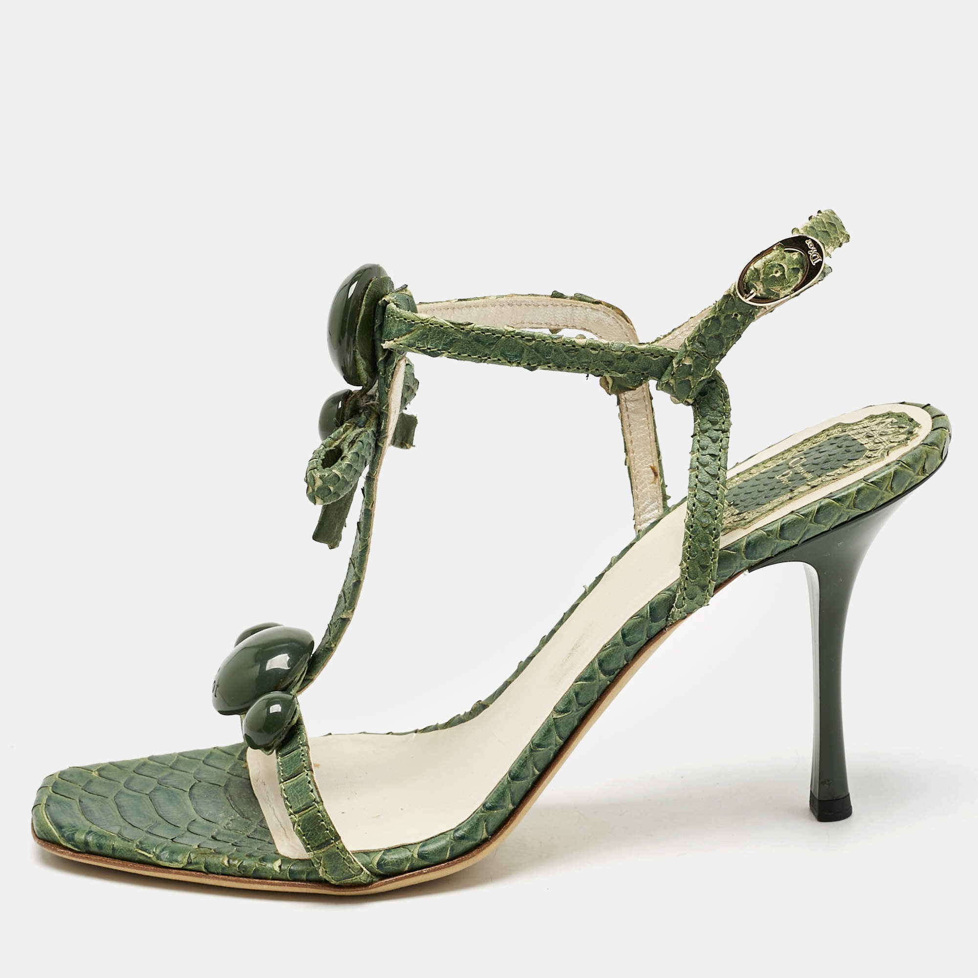 Pre Owned Dior Green Python Embossed Leather Ankle Strap Sandals Size 39.5
