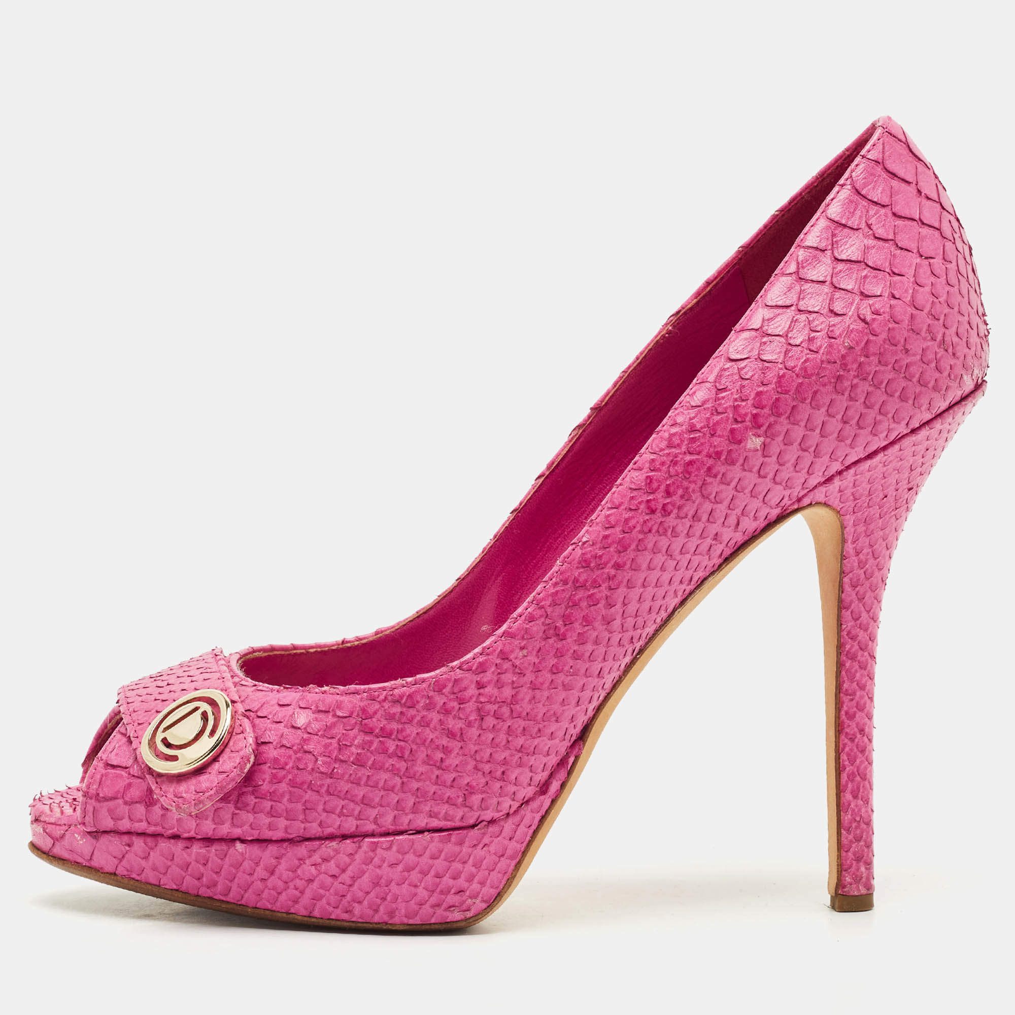 Pre Owned Dior Pink Python CD Buckle Peep Toe Pumps Size 38