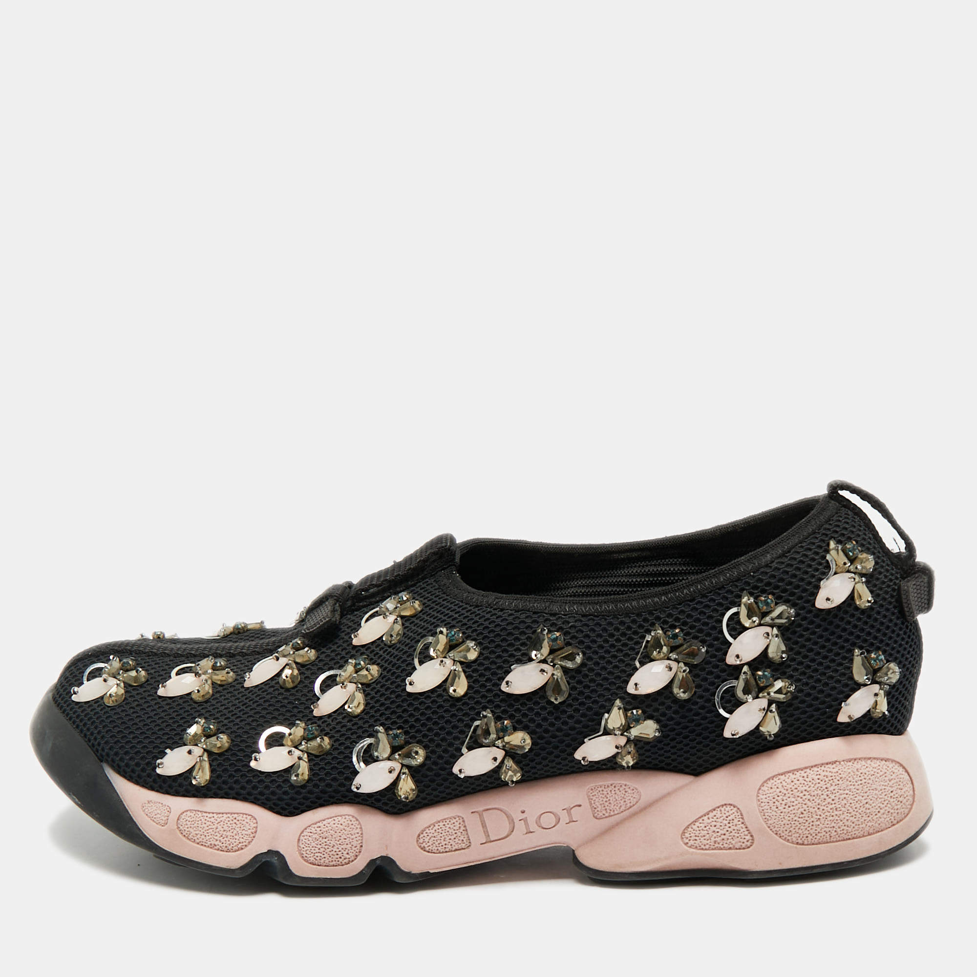 Pre Owned Dior Black Mesh Crystal Embellished Fusion Slip On Sneakers Size 38.5