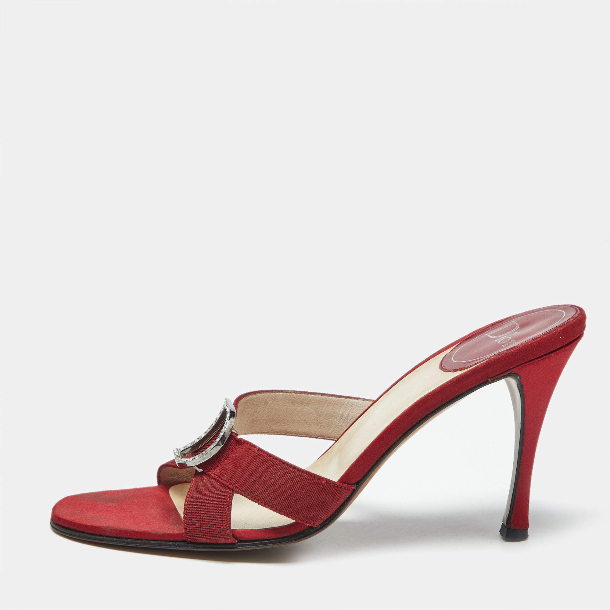 Pre Owned Dior Red Canvas D Crystal Embellished Detail Open Toe Sandals Size 38.5