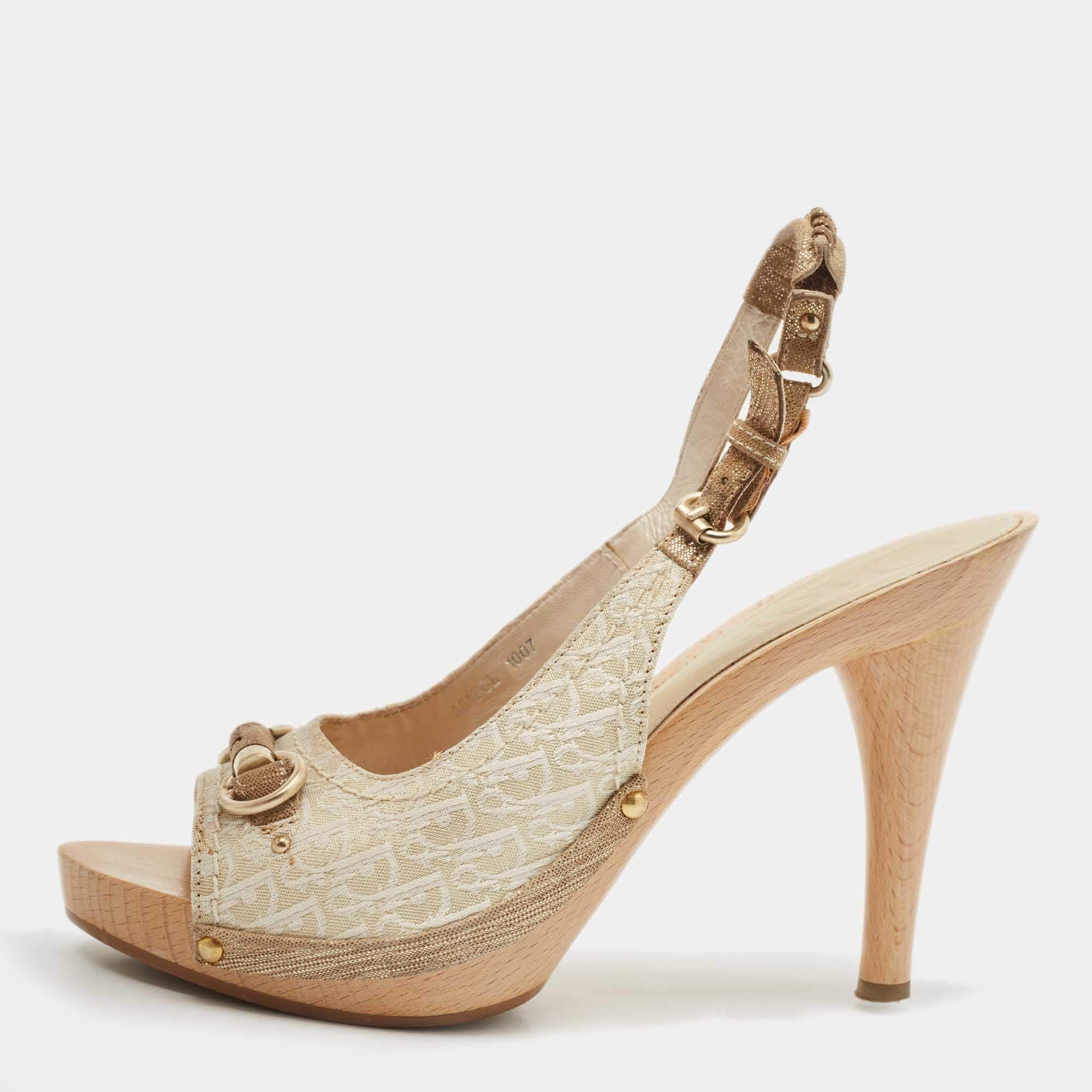 Pre Owned Dior White/Gold Oblique Canvas Platform Slingback Sandals Size 38.5