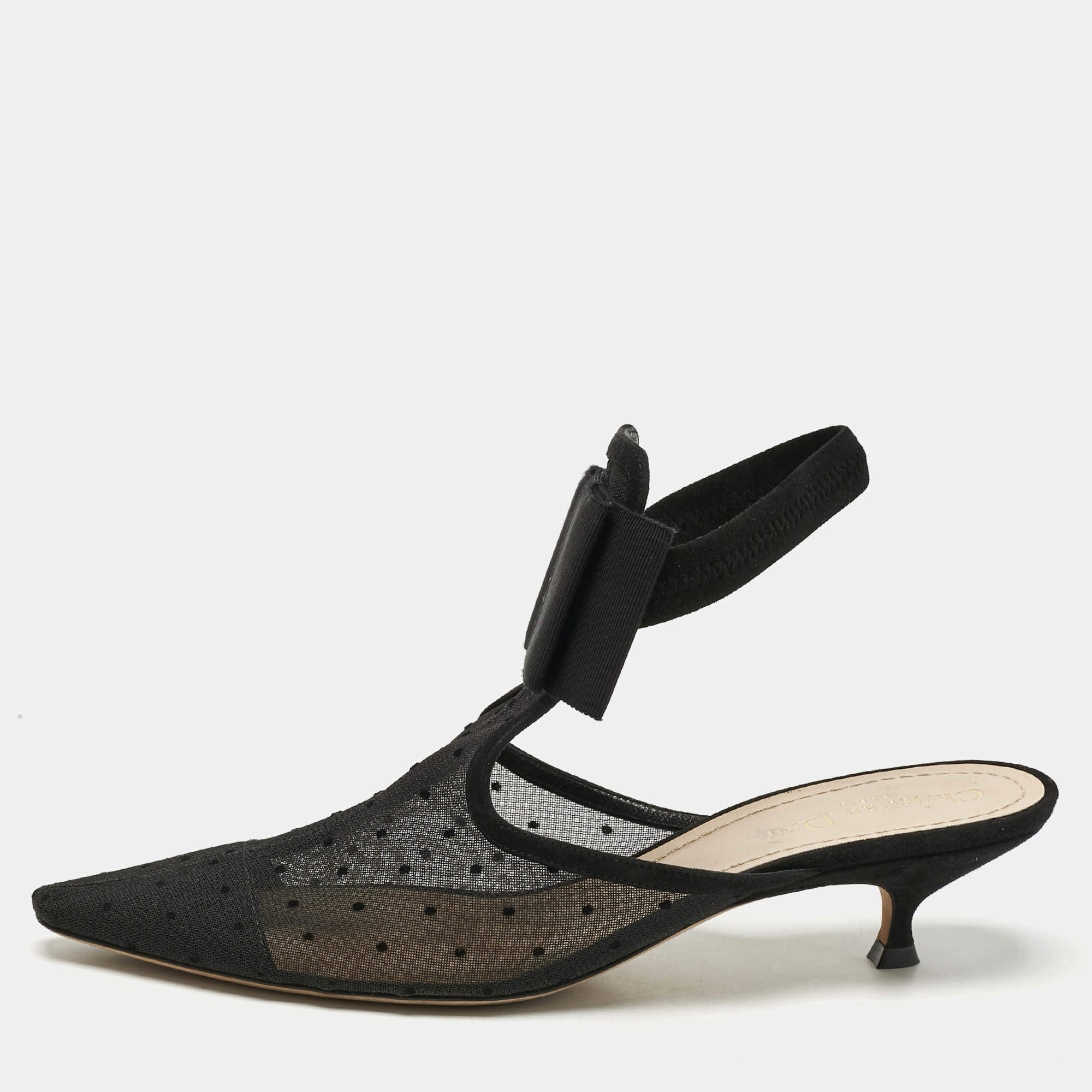 Pre Owned Dior Black Mesh And Suede Trim Polka Dot Bow Pointed Toe Ankle Strap Mules Size 41