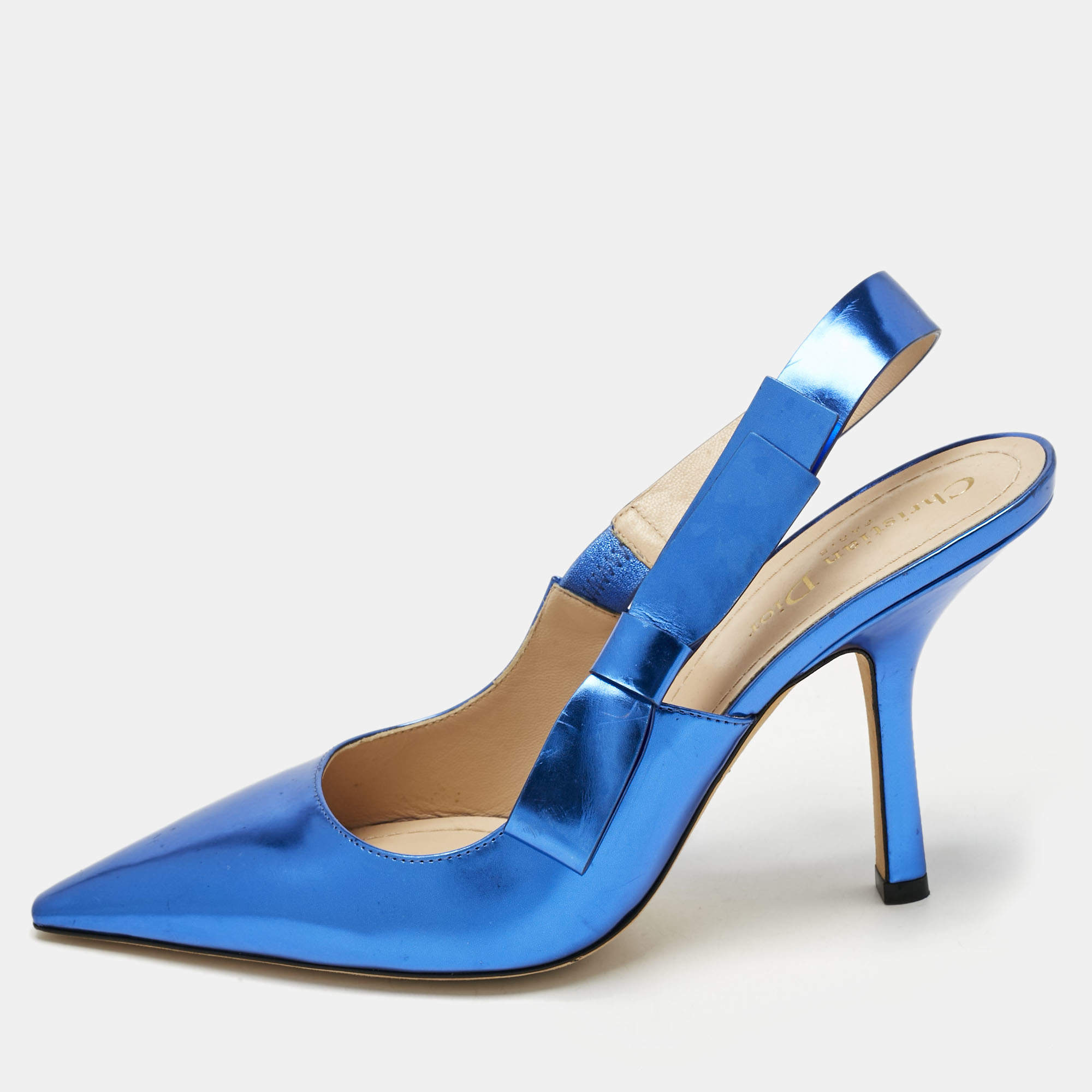 Pre Owned Dior Metallic Blue Patent Leather Sweet-D Slingback Pumps Size 40