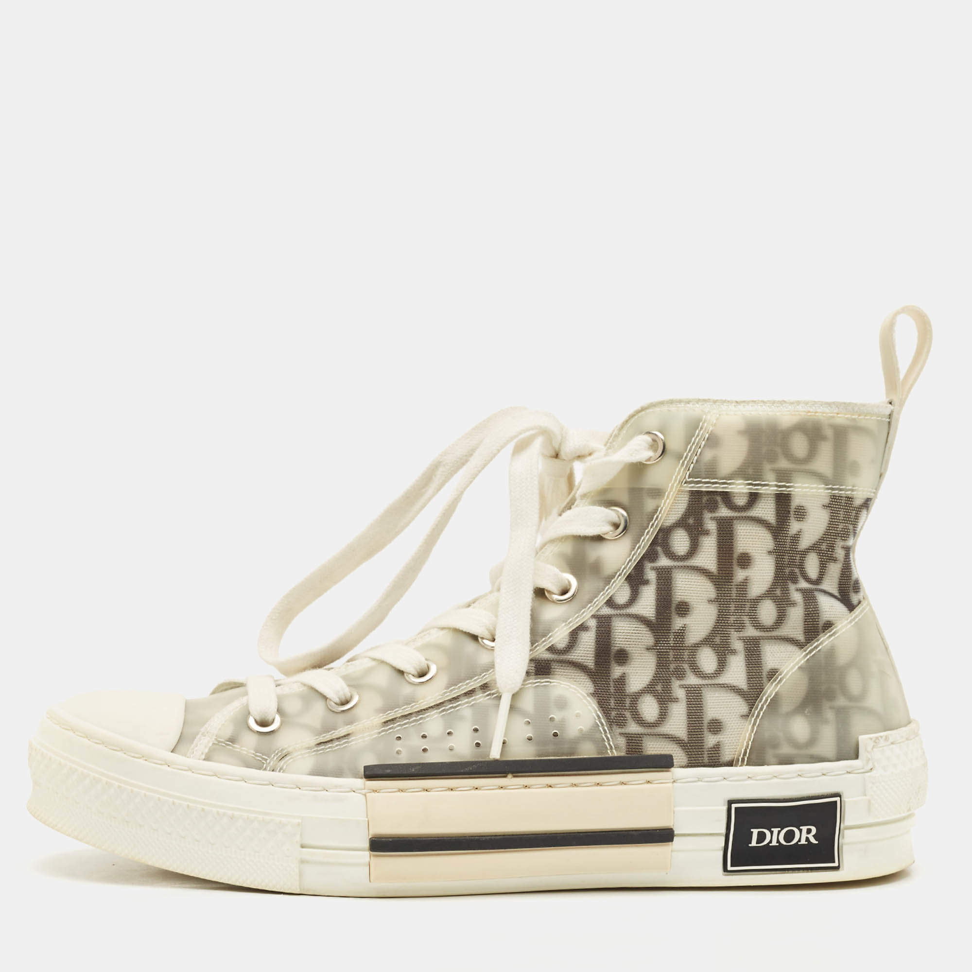 Pre Owned Dior White/Black PVC, Rubber and Oblique Mesh B23 High-Top Sneakers Size 39