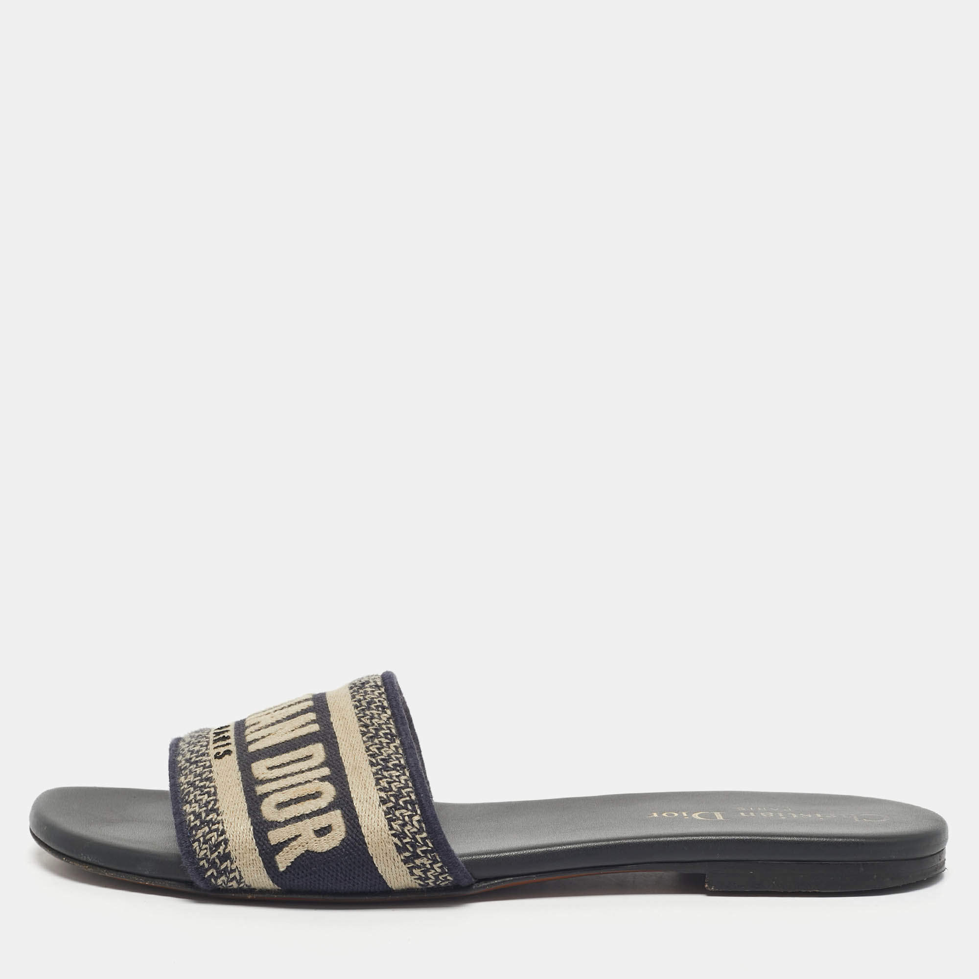Pre Owned Dior Navy Blue Embroidered Canvas Dway Flat Slides Size 37