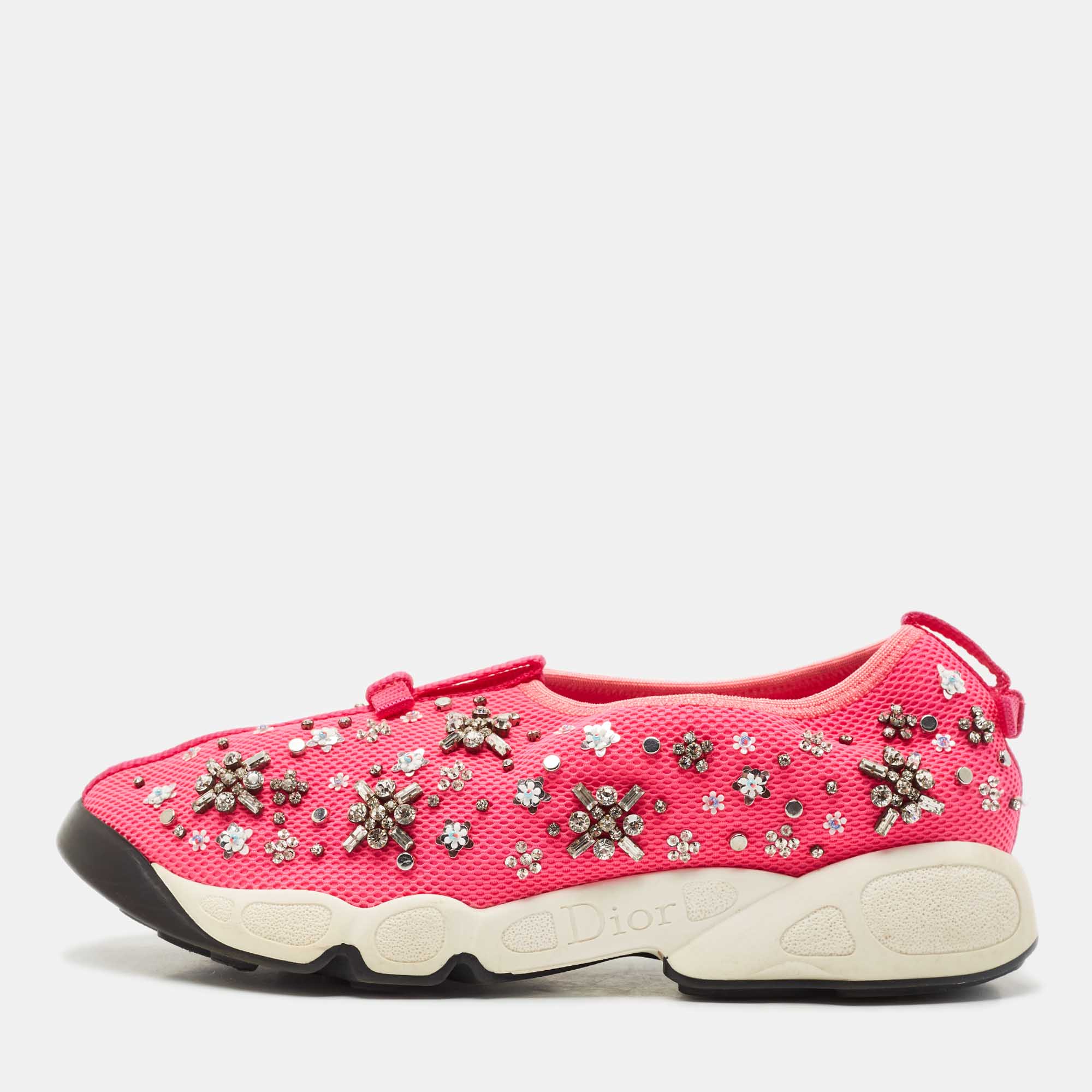 Pre Owned Dior Pink Mesh Crystal Embellished Fusion Sneakers Size 38