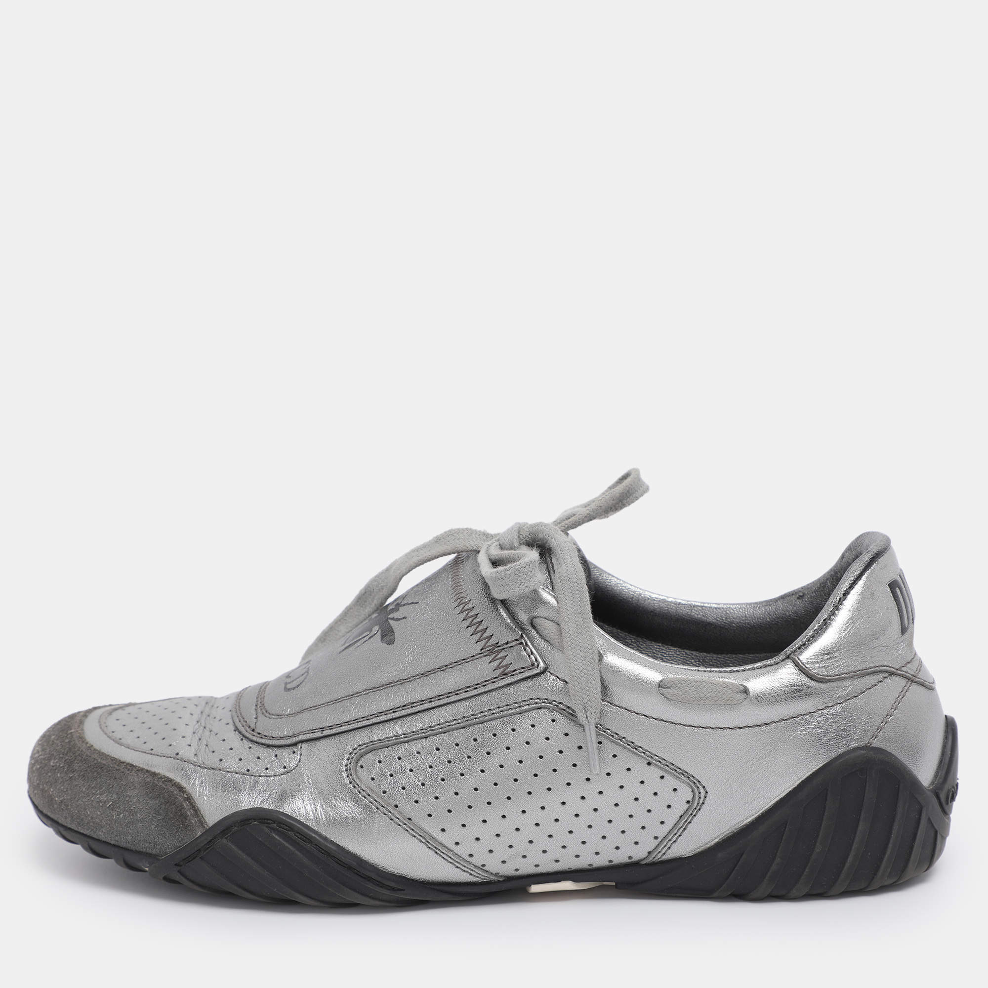 Pre Owned Dior Metallic Grey Leather and Suede D-Fence Sneakers Size 35.5