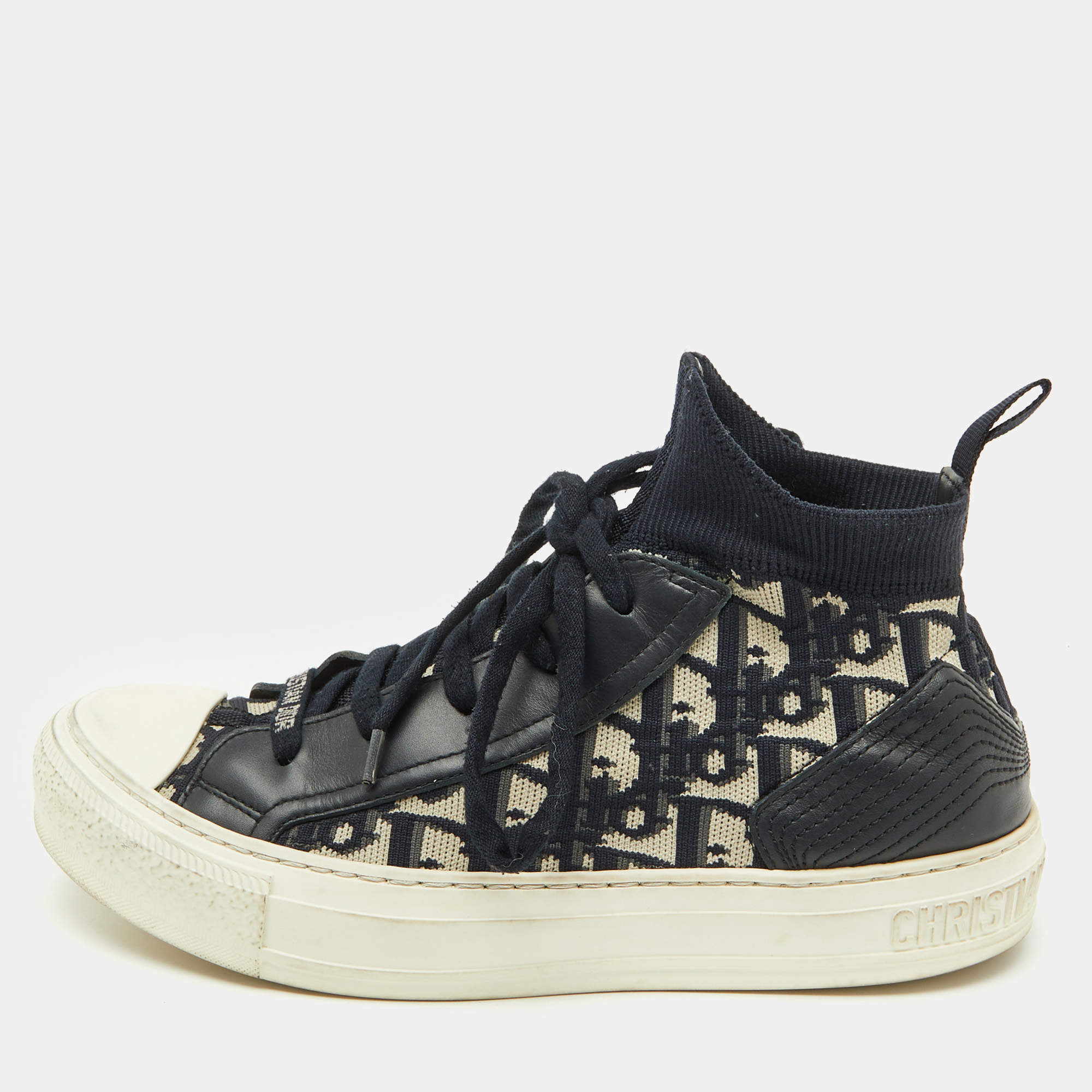 Pre Owned Dior Navy Blue Oblique Knit Fabric and Leather Walk'n'Dior Lace Up Sneakers Size 37