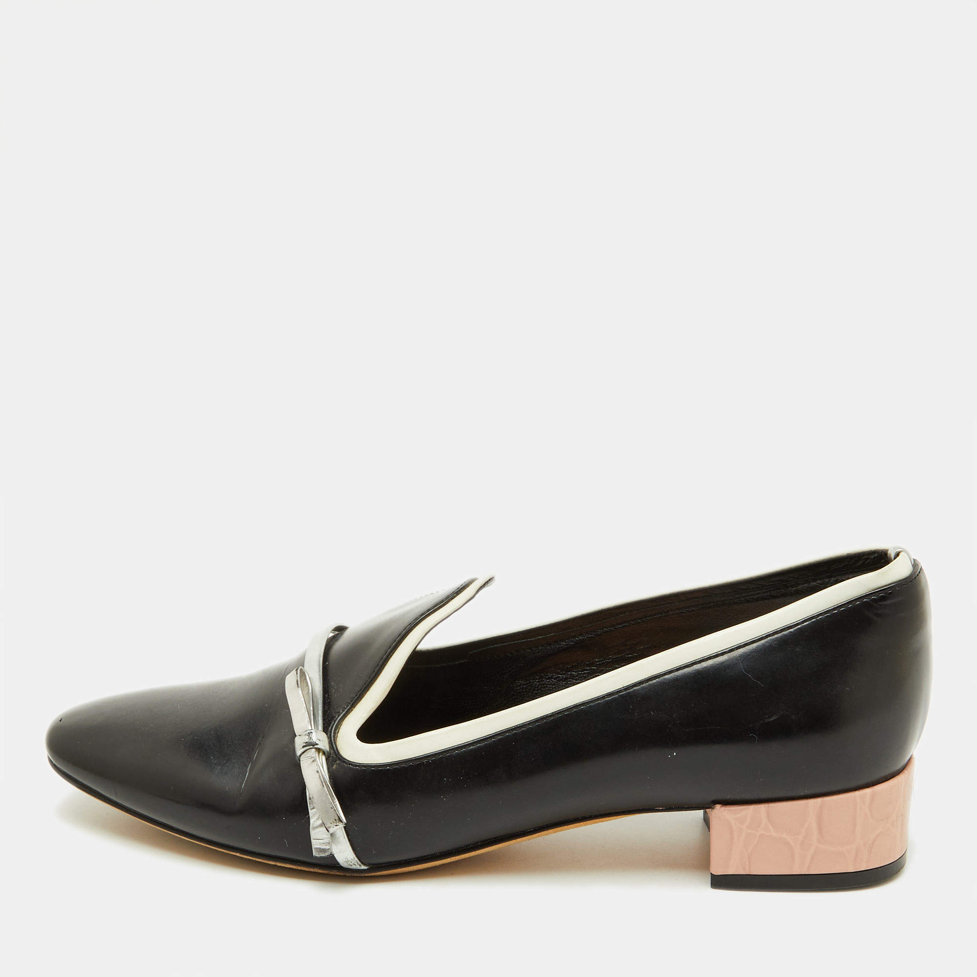 Pre Owned Dior Black/Silver Leather Bow Detail Slip On Loafers Size 35.5