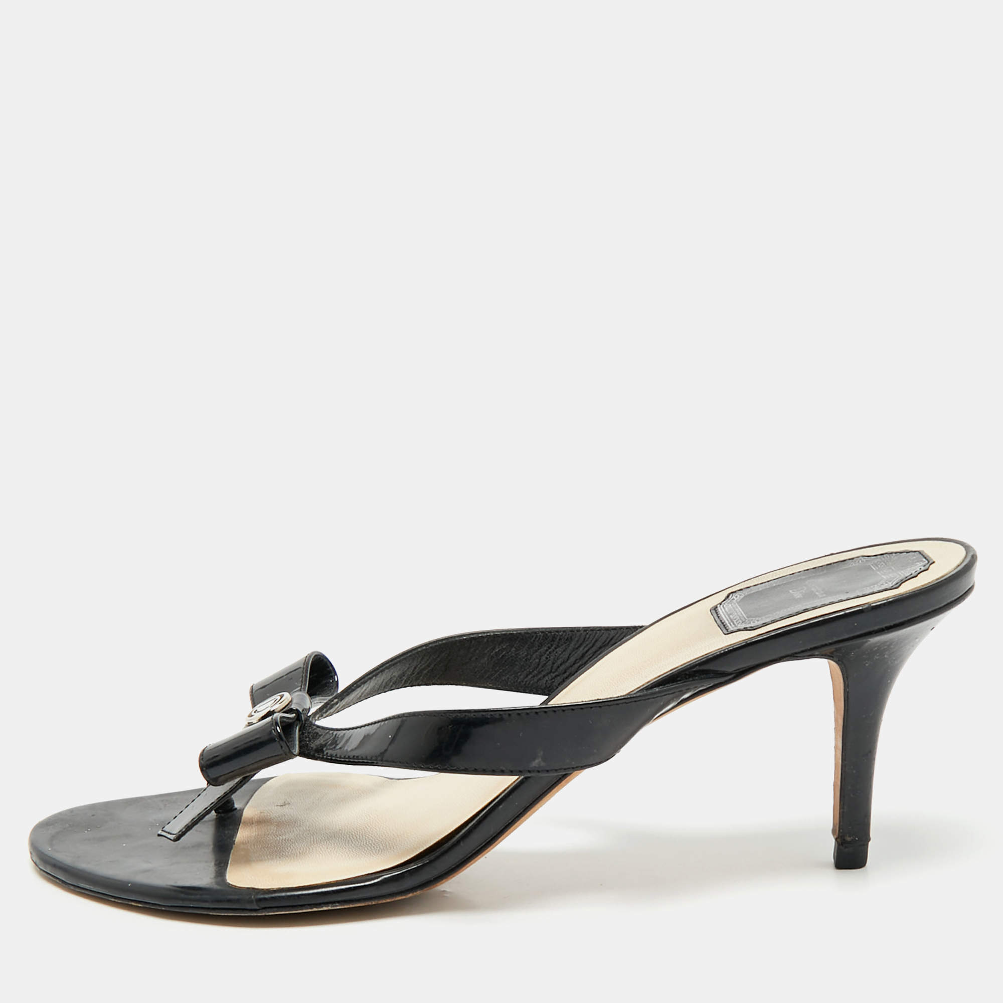 Pre Owned Christian Dior Black Patent Logo Bow Slides Size 41