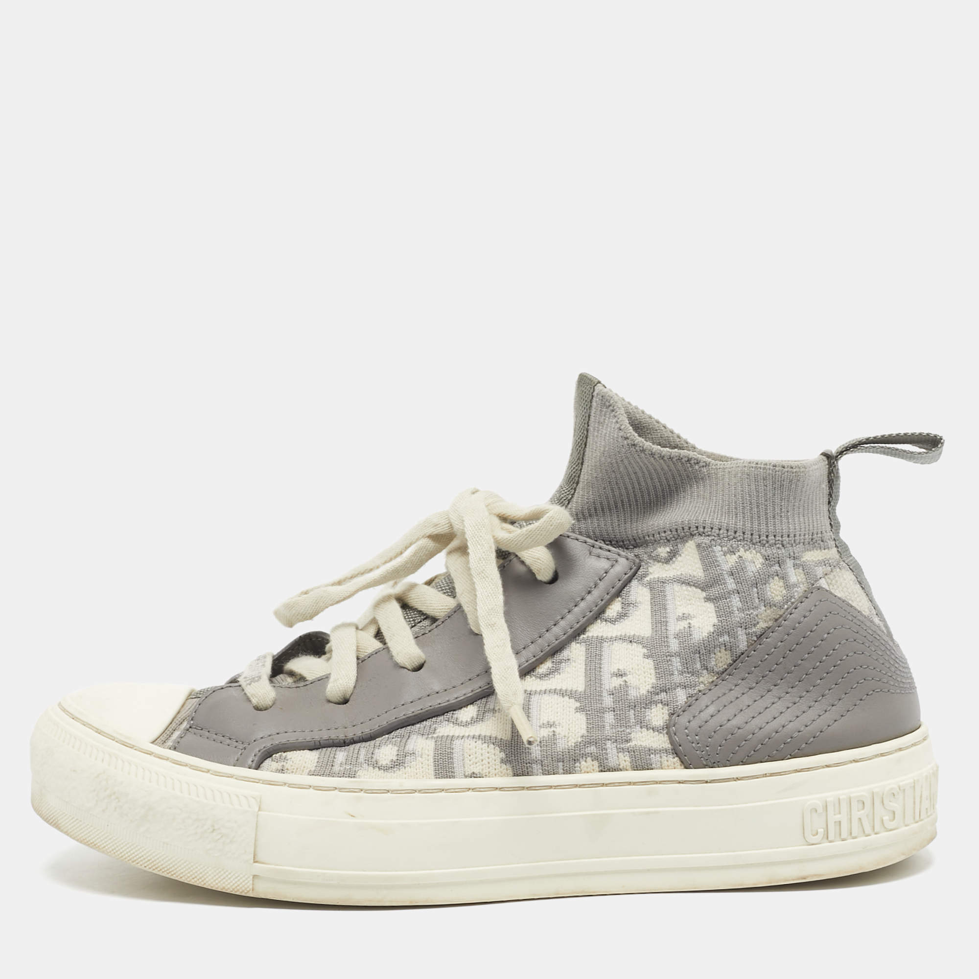 Pre Owned Dior Grey/White Knit Fabric And Leather Walk'n'Dior High-Top Sneakers Size 36