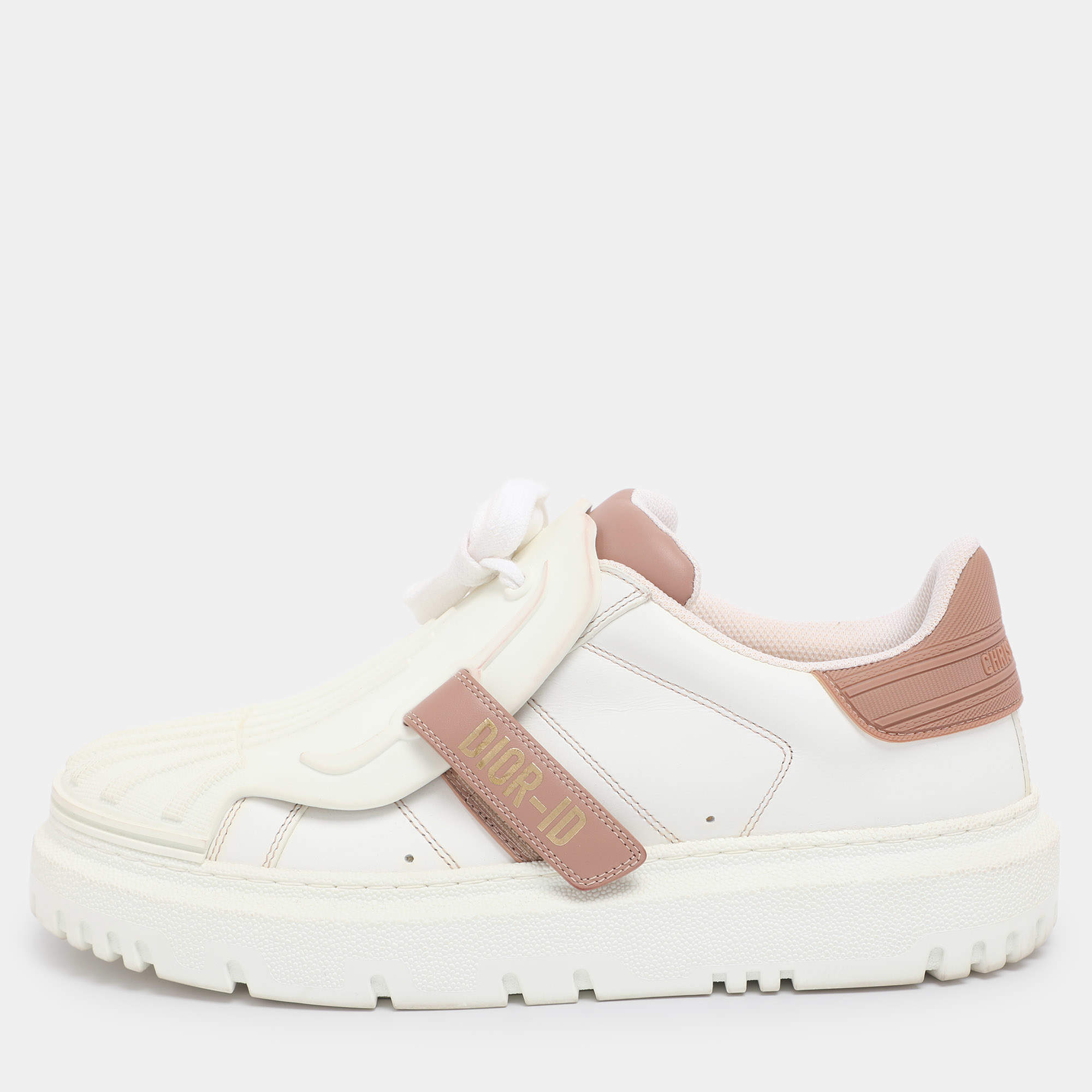 Pre Owned Dior White/Beige Leather and Rubber Dior ID Low Top Sneakers Size 38.5