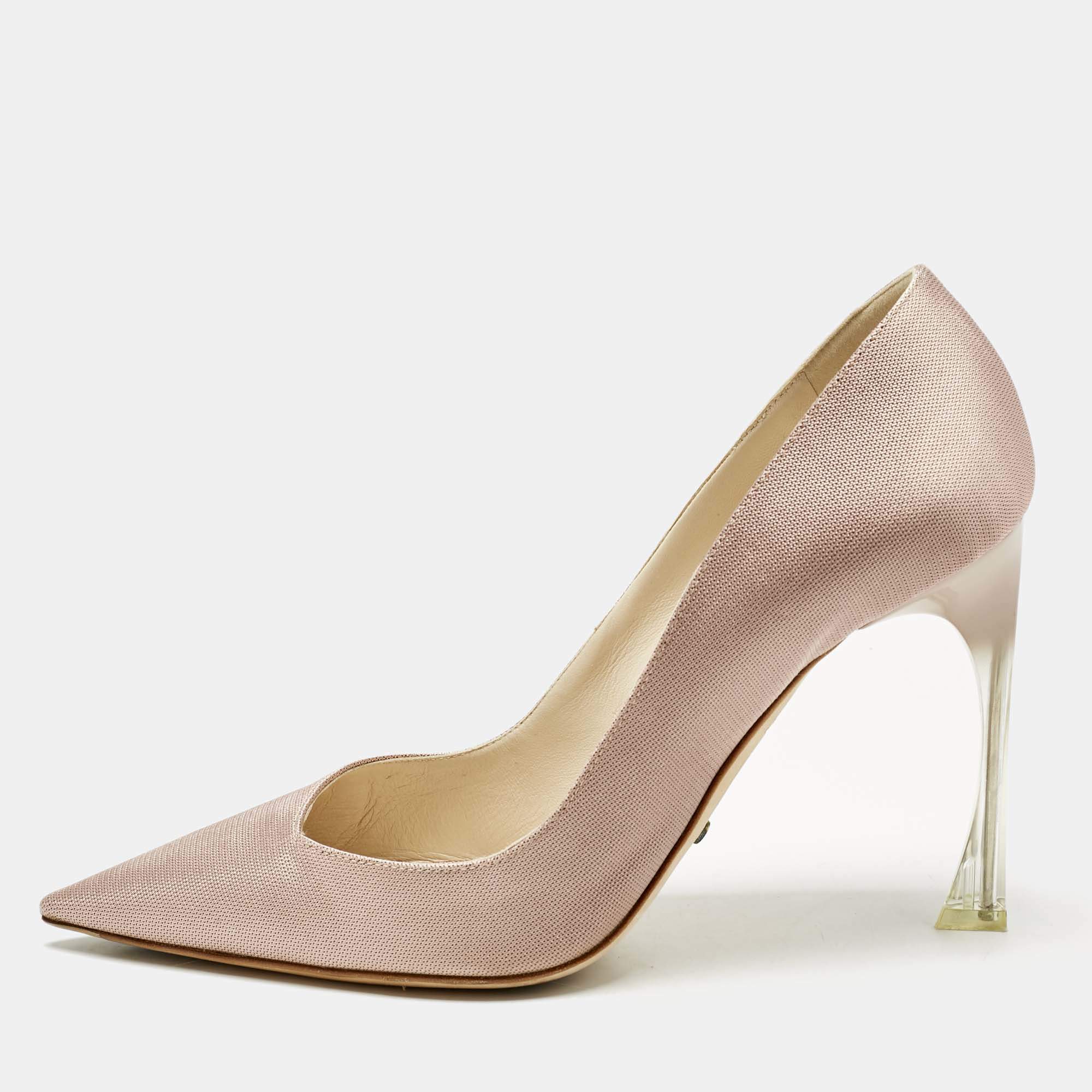 Pre Owned Dior Metallic Light Pink Fabric Acrylic Heel Pointed Toe Pumps Size 39.5