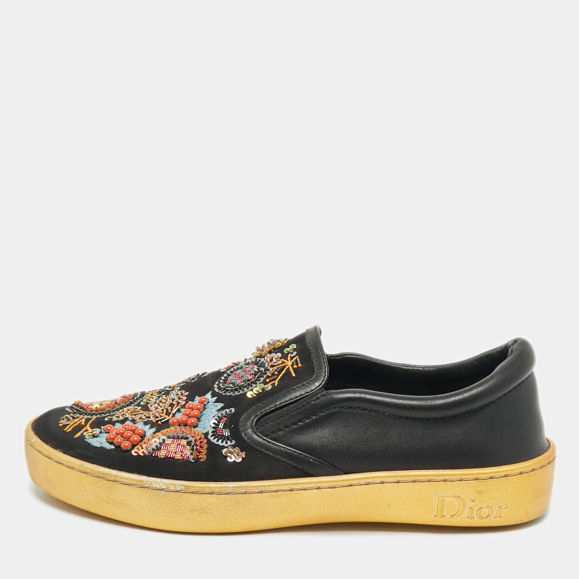 Pre Owned Dior Black/Gold Leather And Satin Floral Embellished Slip On Sneaker Size 36.5