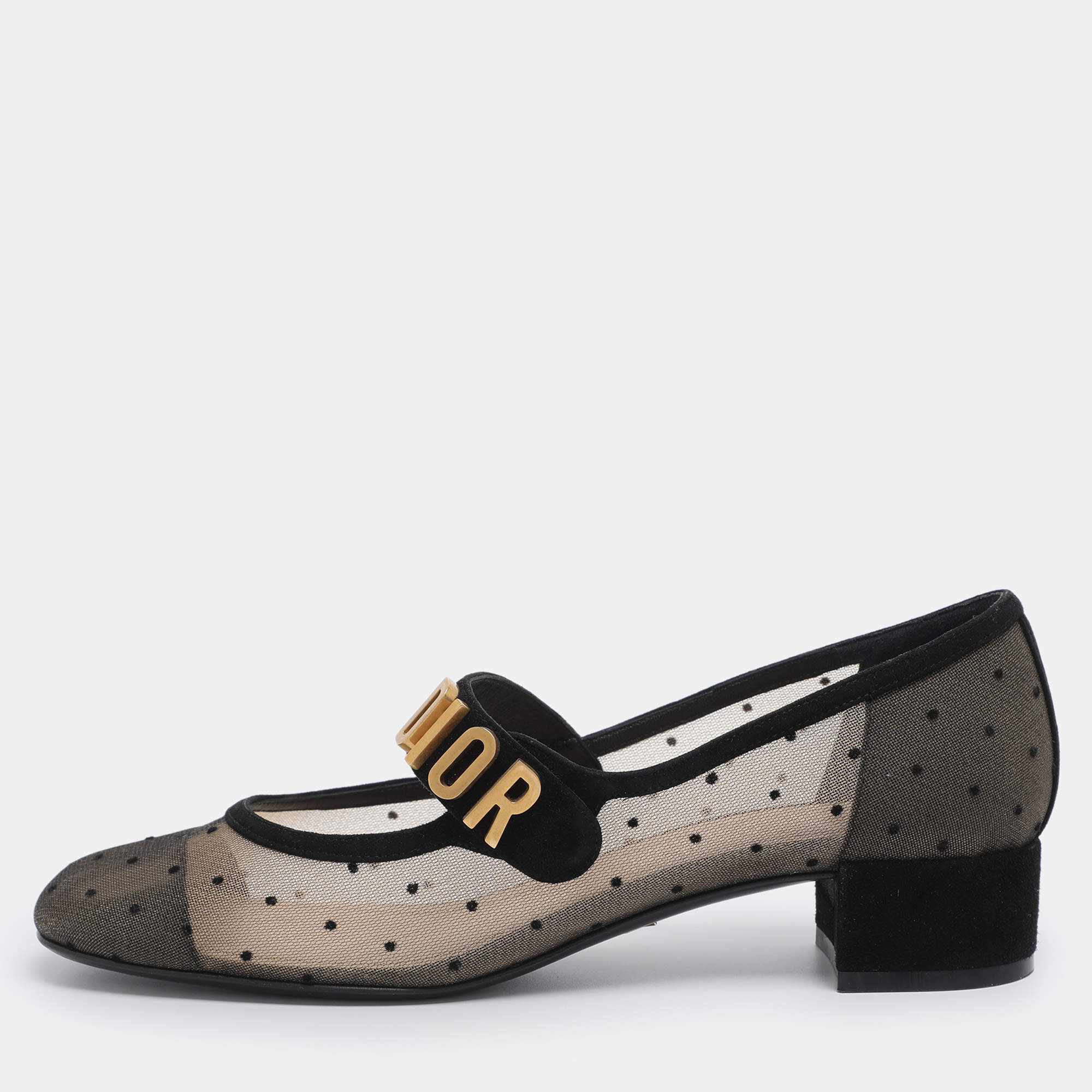 Pre Owned Dior Black Polka Dot Mesh and Suede Baby-D Mary Jane Pumps Size 38