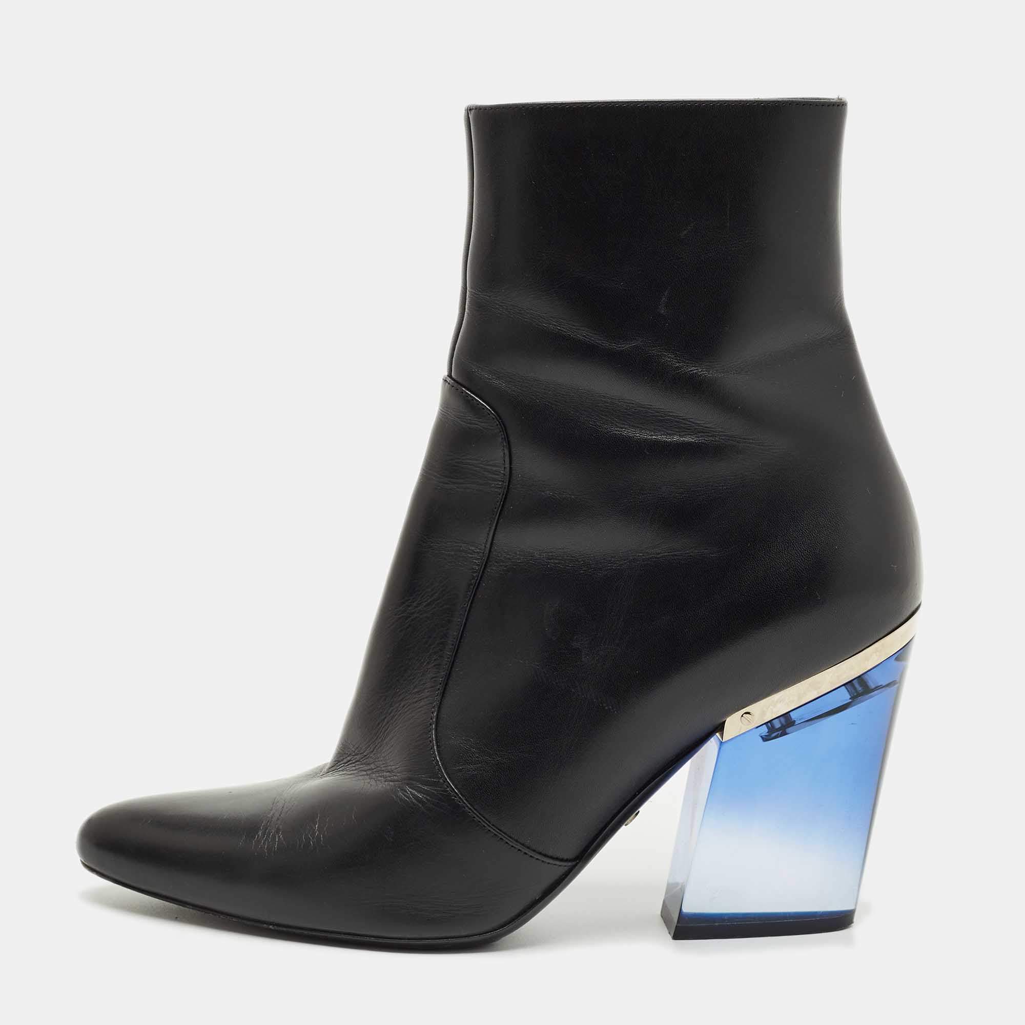 Pre Owned Dior Black Leather Clear Block Heel Mid Calf Boots Size 40