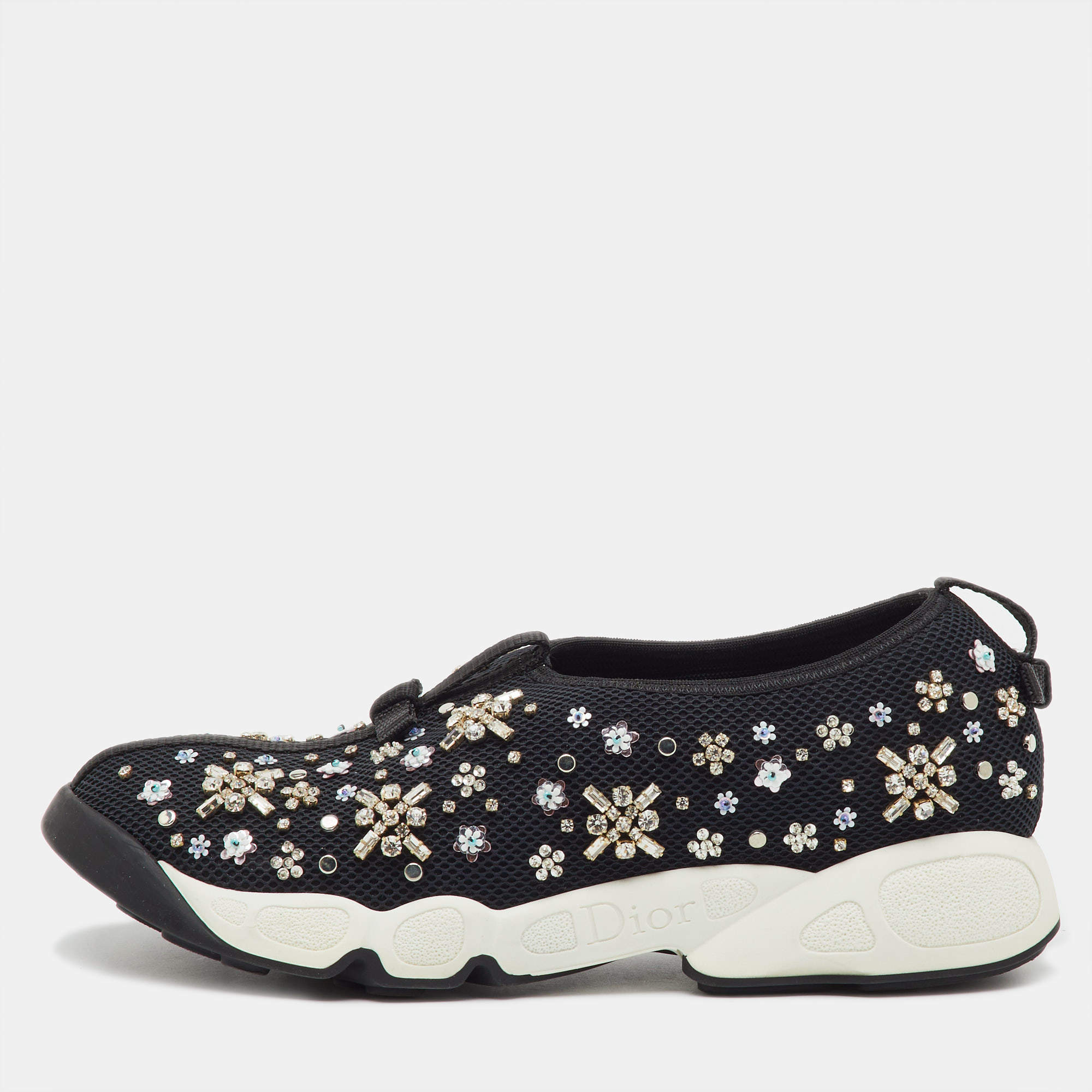 Pre Owned Dior Black Crystal Embellished Mesh Fusion Sneakers Size 38.5