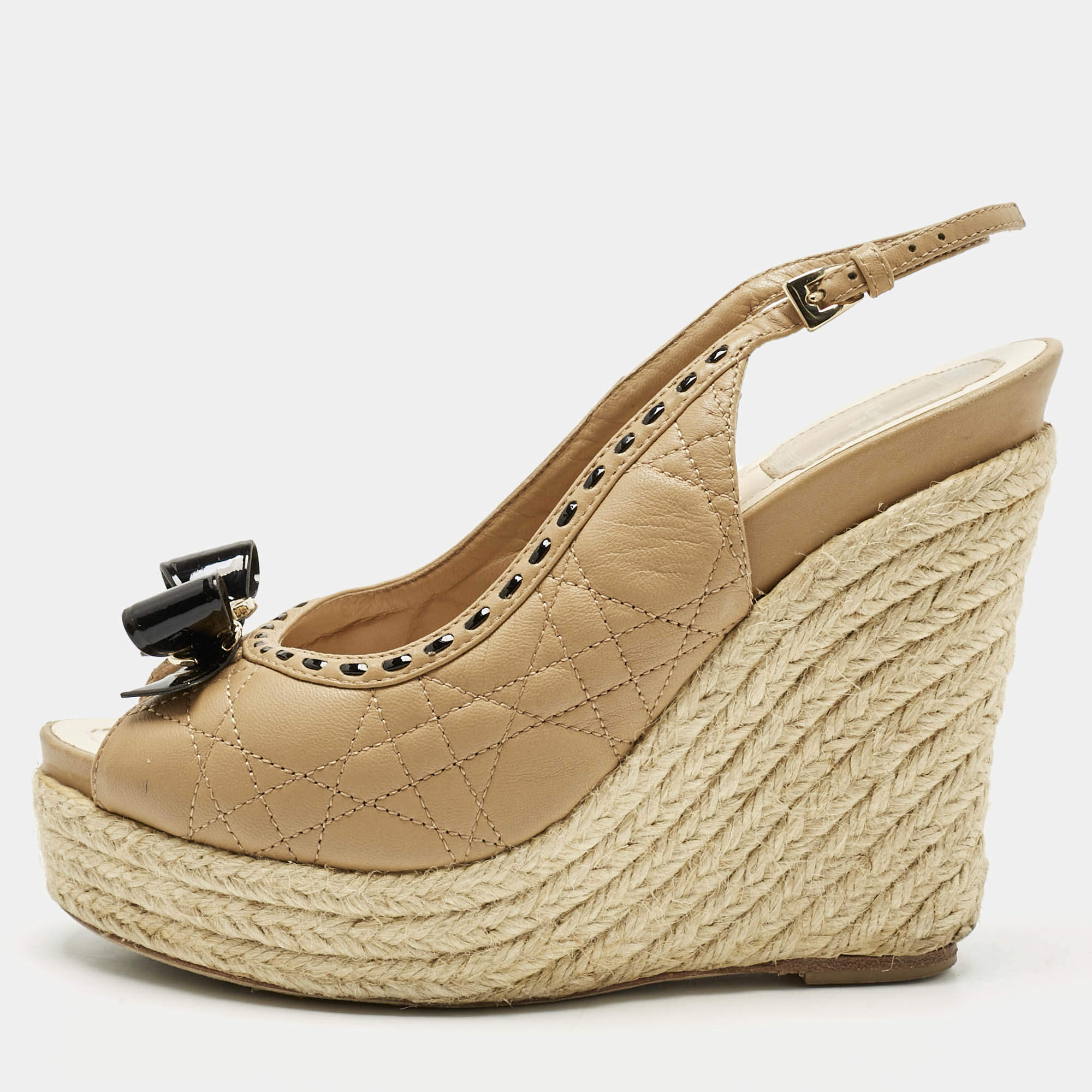 Pre Owned Dior Beige Cannage Leather Bow Slingback Wedge Pumps Size 38