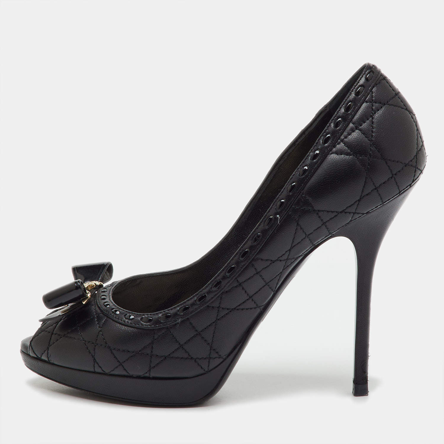 Pre Owned Dior Black Quilted Cannage Leather and Patent Bow Detail Peep Toe Pumps Size 38.5