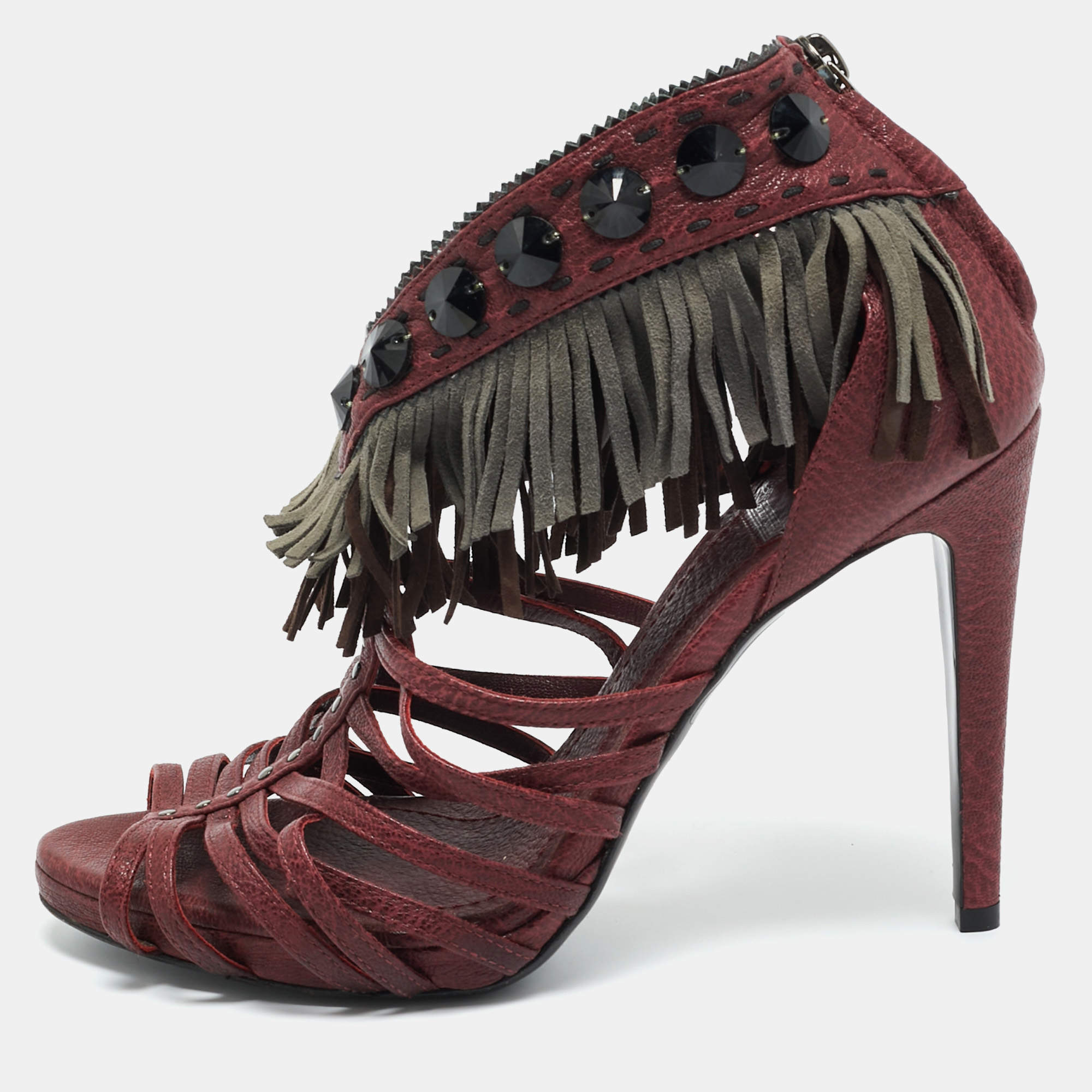 Pre Owned Dior Burgundy Leather and Suede Fringe Ankle Strap Sandals Size 38