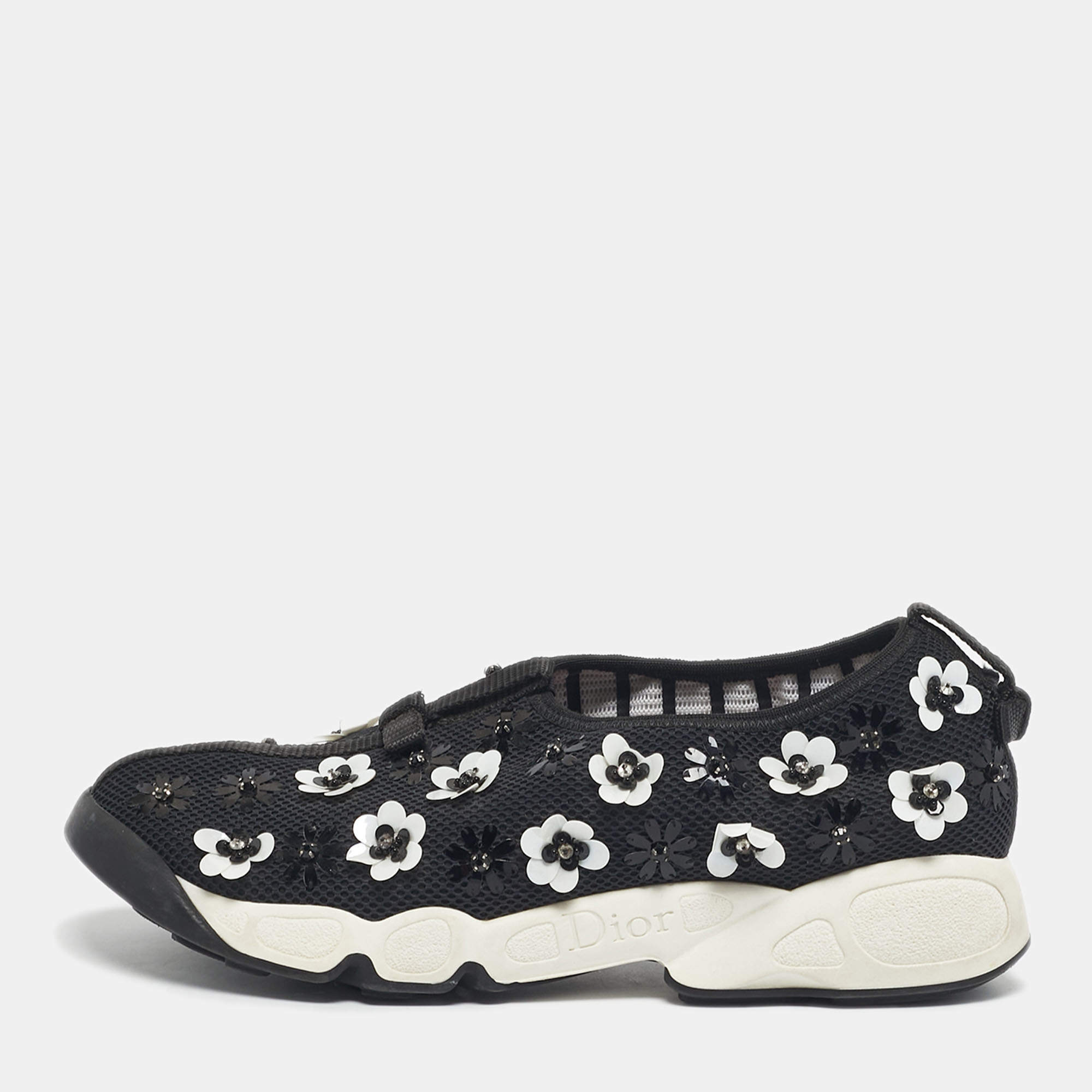 Pre Owned Dior Black Mesh Fusion Floral Embellished Sneakers Size 37