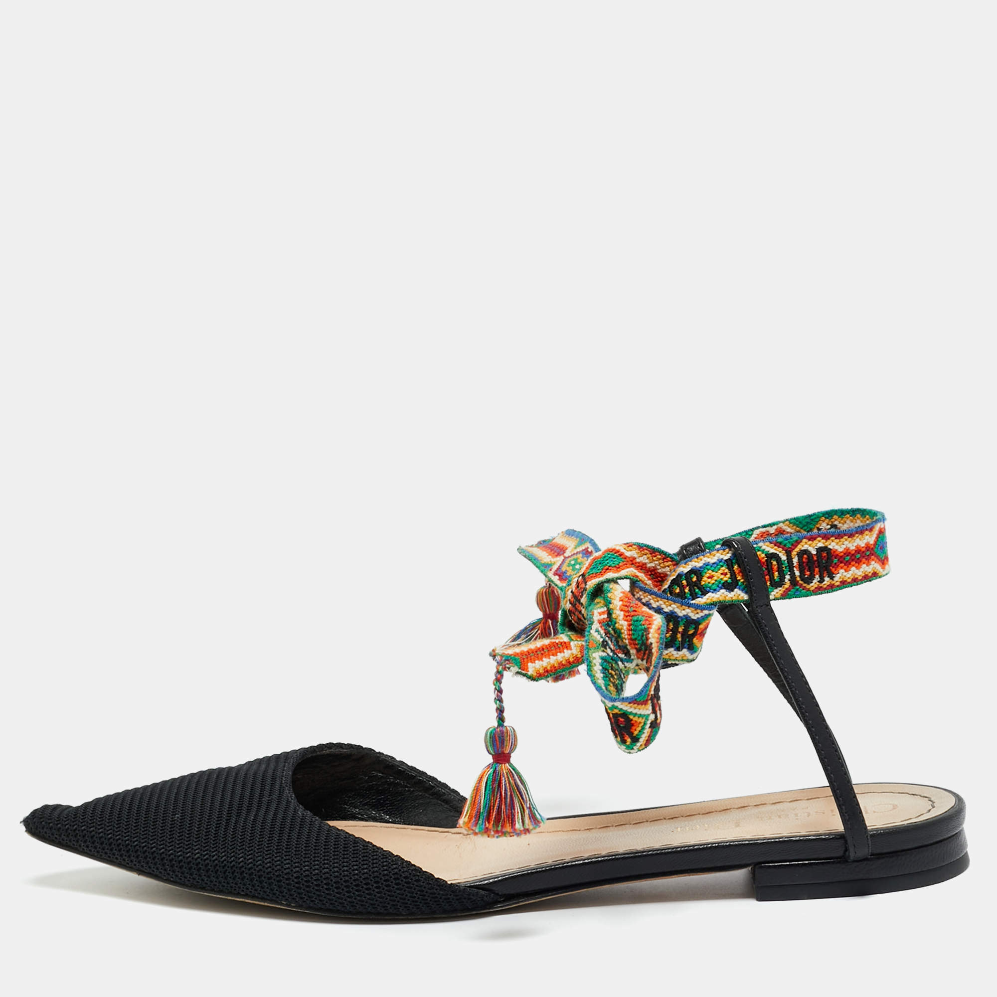 Pre Owned Dior Black Canvas J'adior Pointed Toe Ankle Wrap Flats Size 37.5