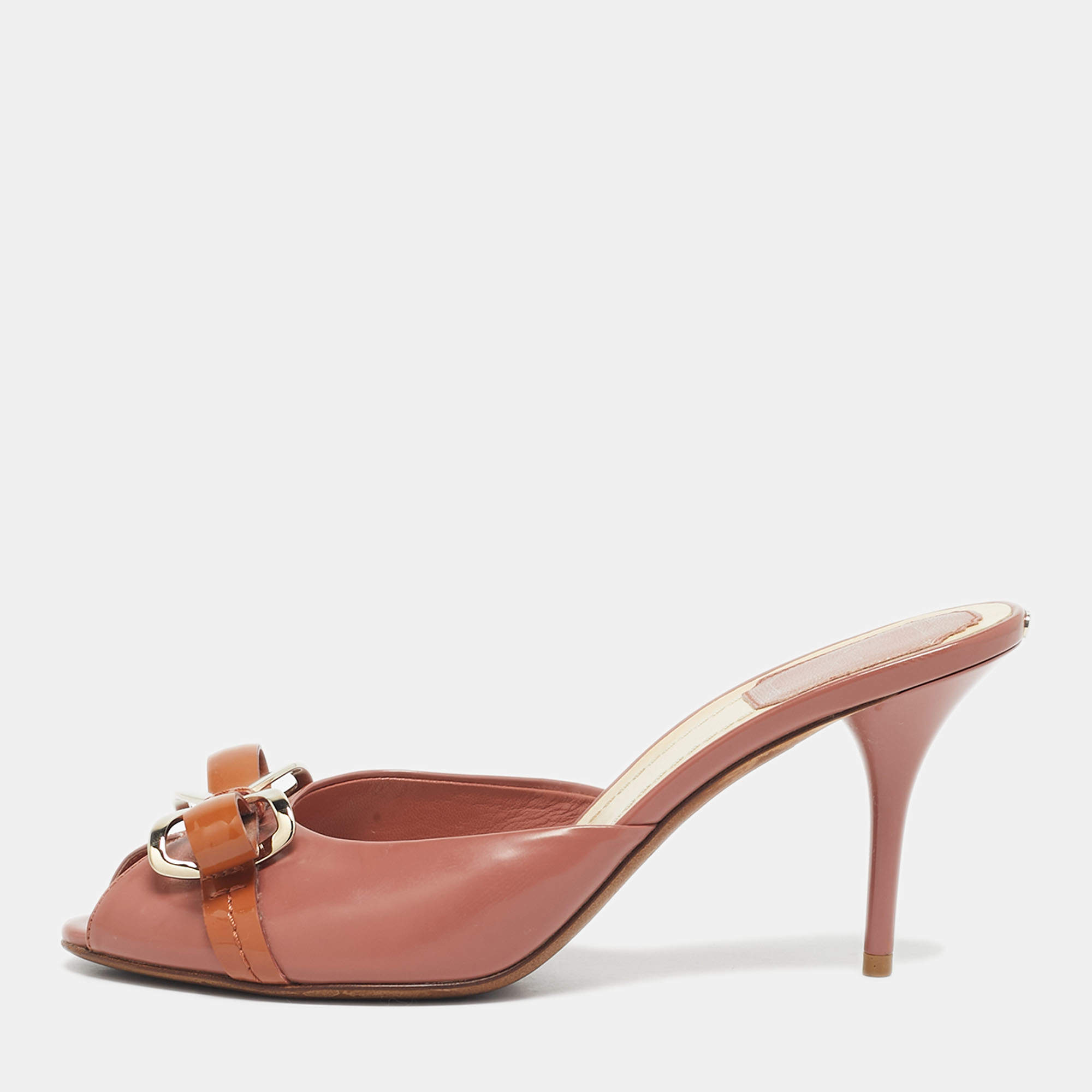 Pre Owned Dior Beige Patent Leather Bow Peep Toe Slide Sandals Size 37