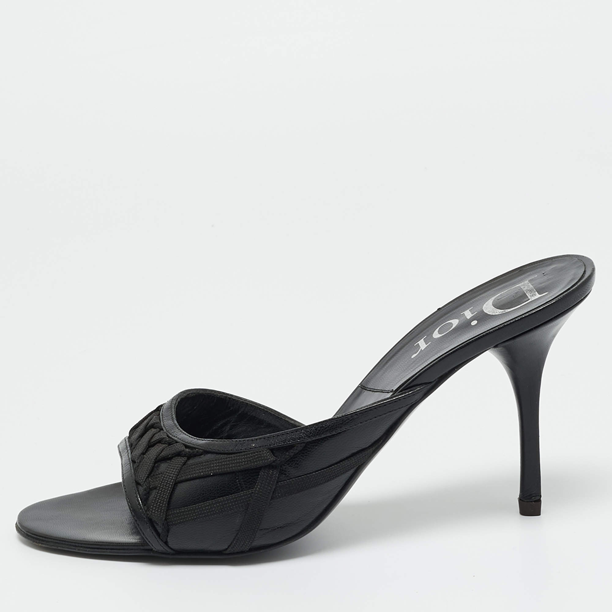 Pre Owned Dior Black Leather and knit Fabric Open Toe Slide Sandals Size 41