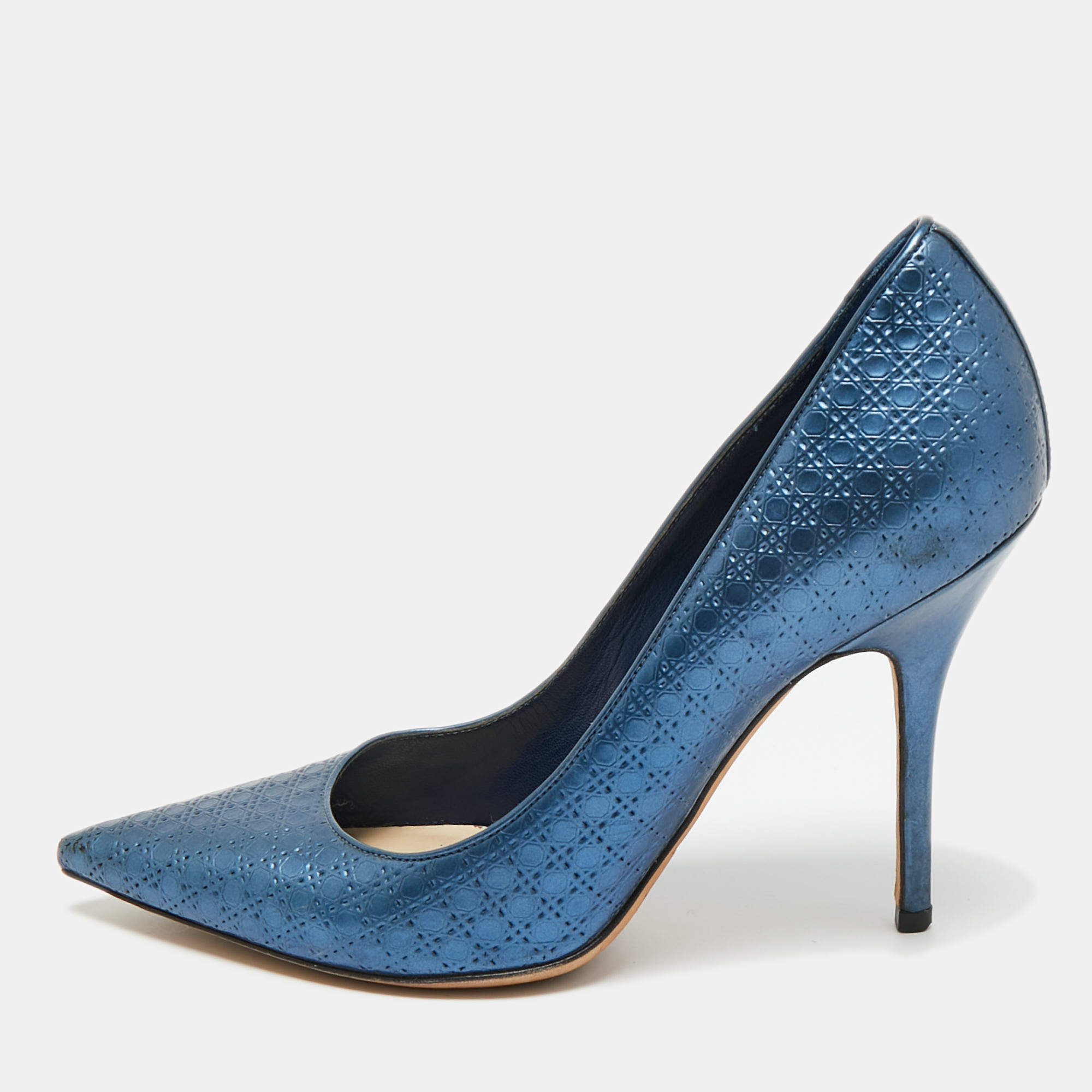 Pre Owned Dior Metallic Blue Cannage Leather Cherie Pointed Toe Pumps Size 37