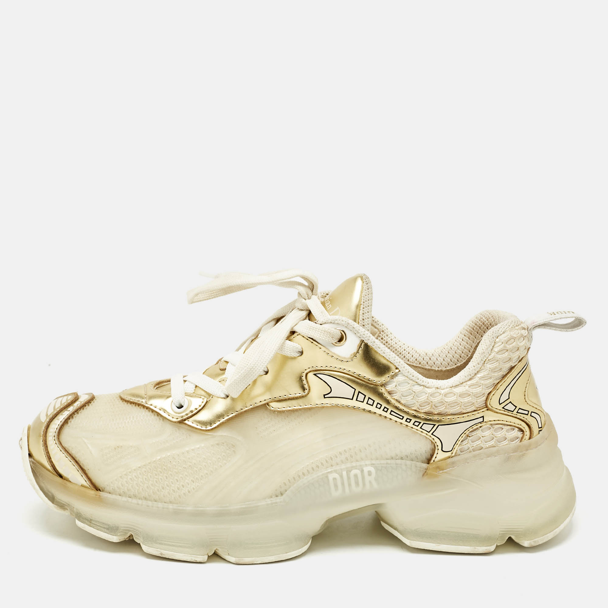 Pre Owned Dior Gold/White Rubber, Mesh and Leather Vibe Low Top Sneakers Size 39