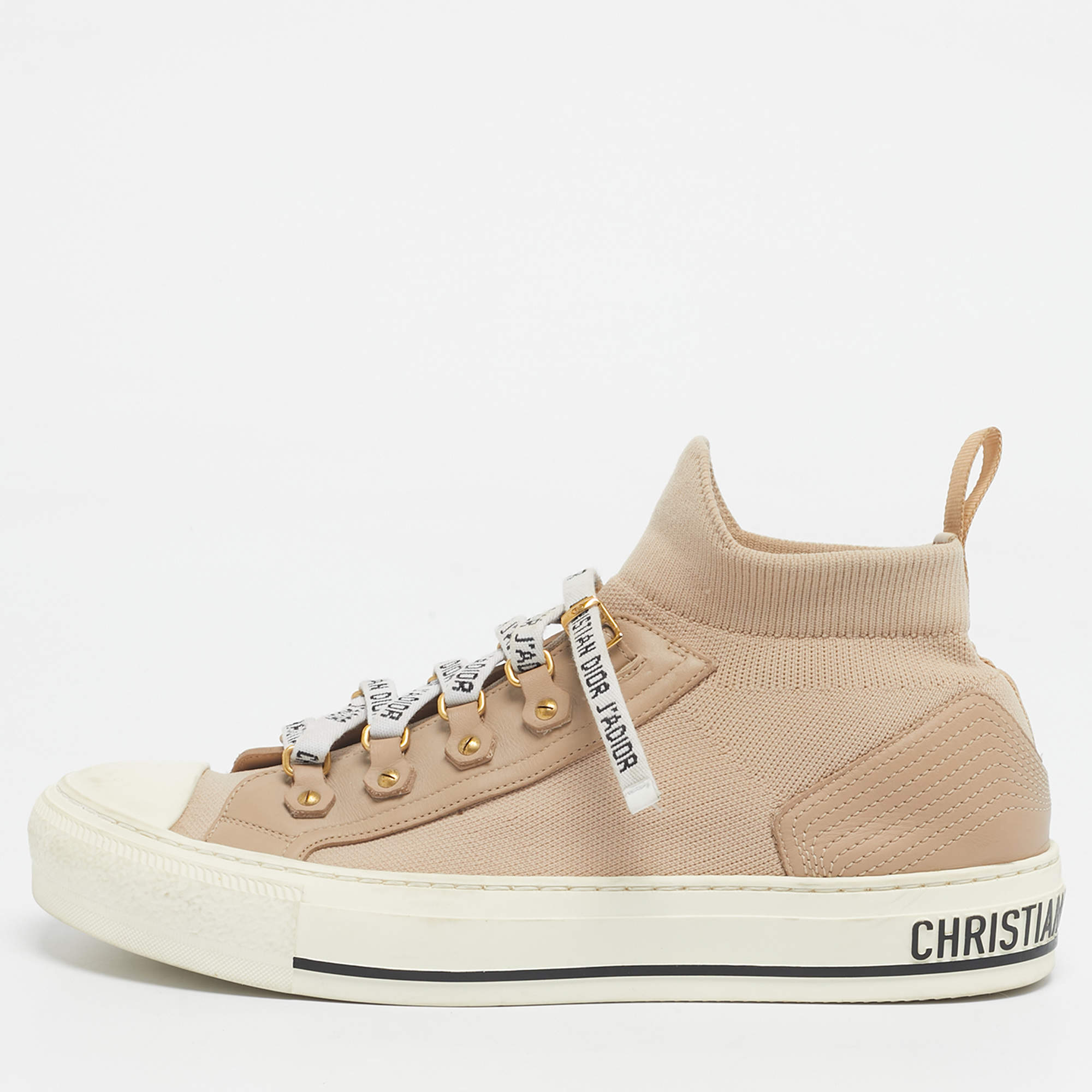 Pre Owned Dior Beige Knit Fabric and Leather Walk'N'Dior High Top Sneakers Size 39