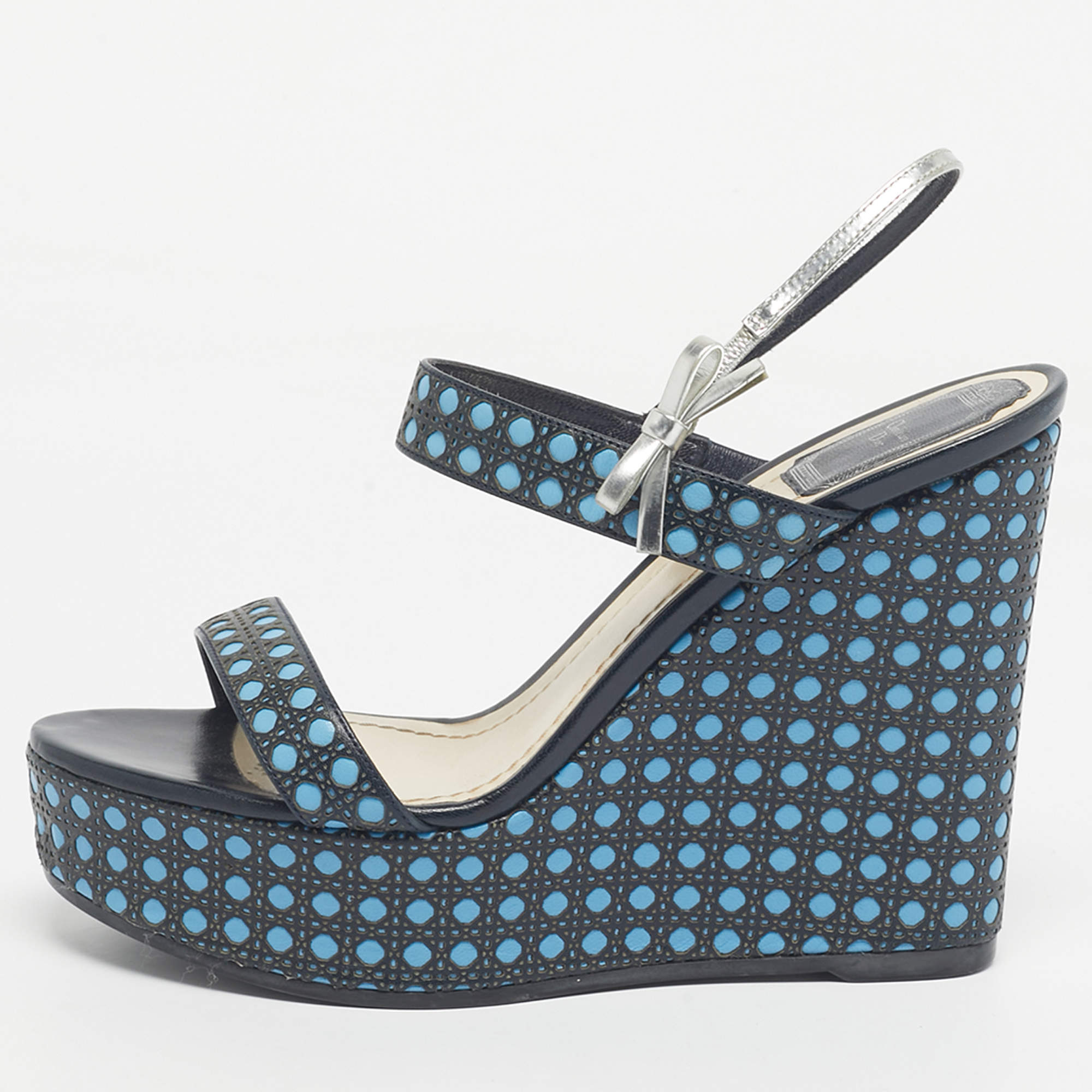 Pre Owned Dior Two Tone Cannage Leather Platform Wedge Sandals Size 39