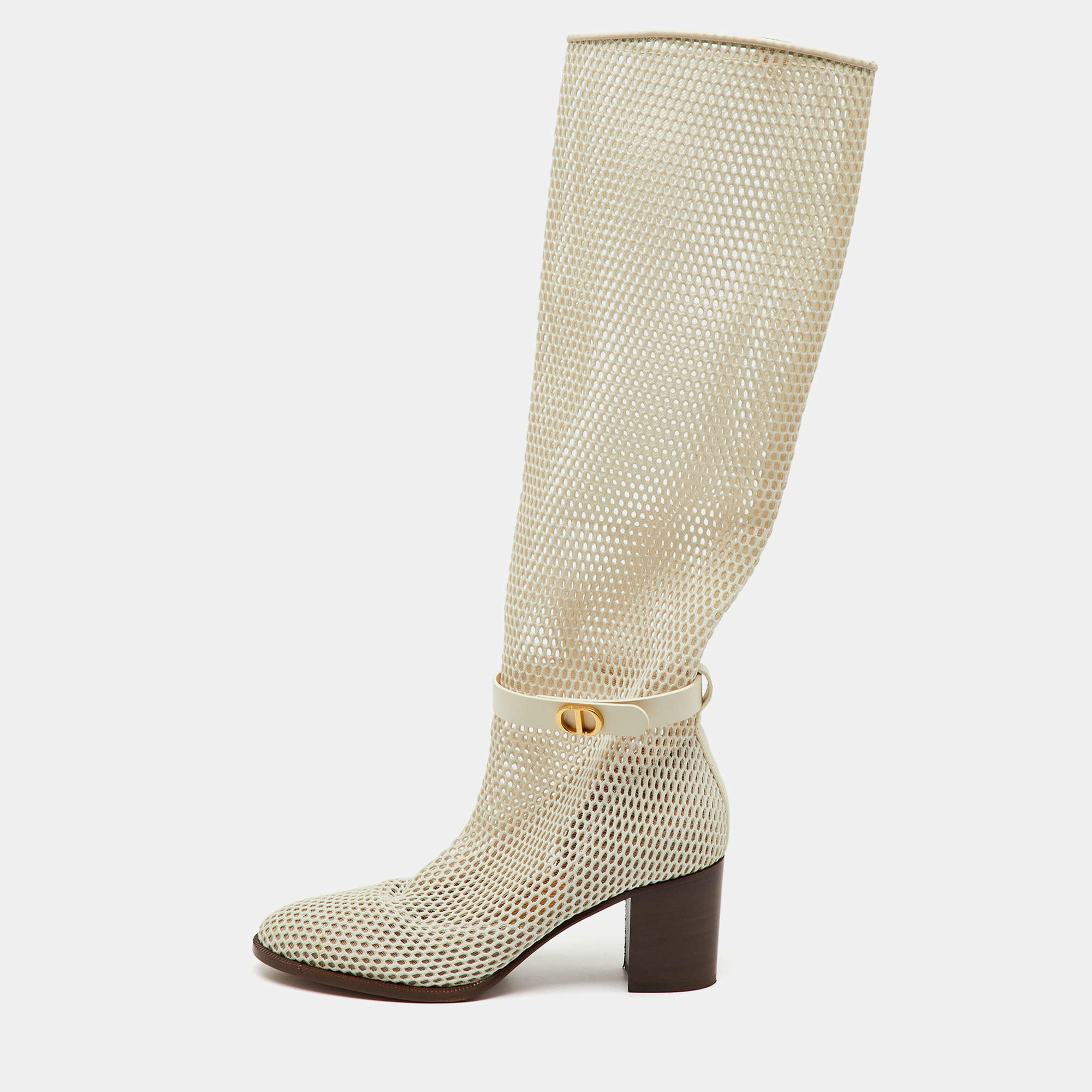 Pre Owned Dior Off White Mesh and Leather Empreinte Montaigne Knee Length Boots Size 36