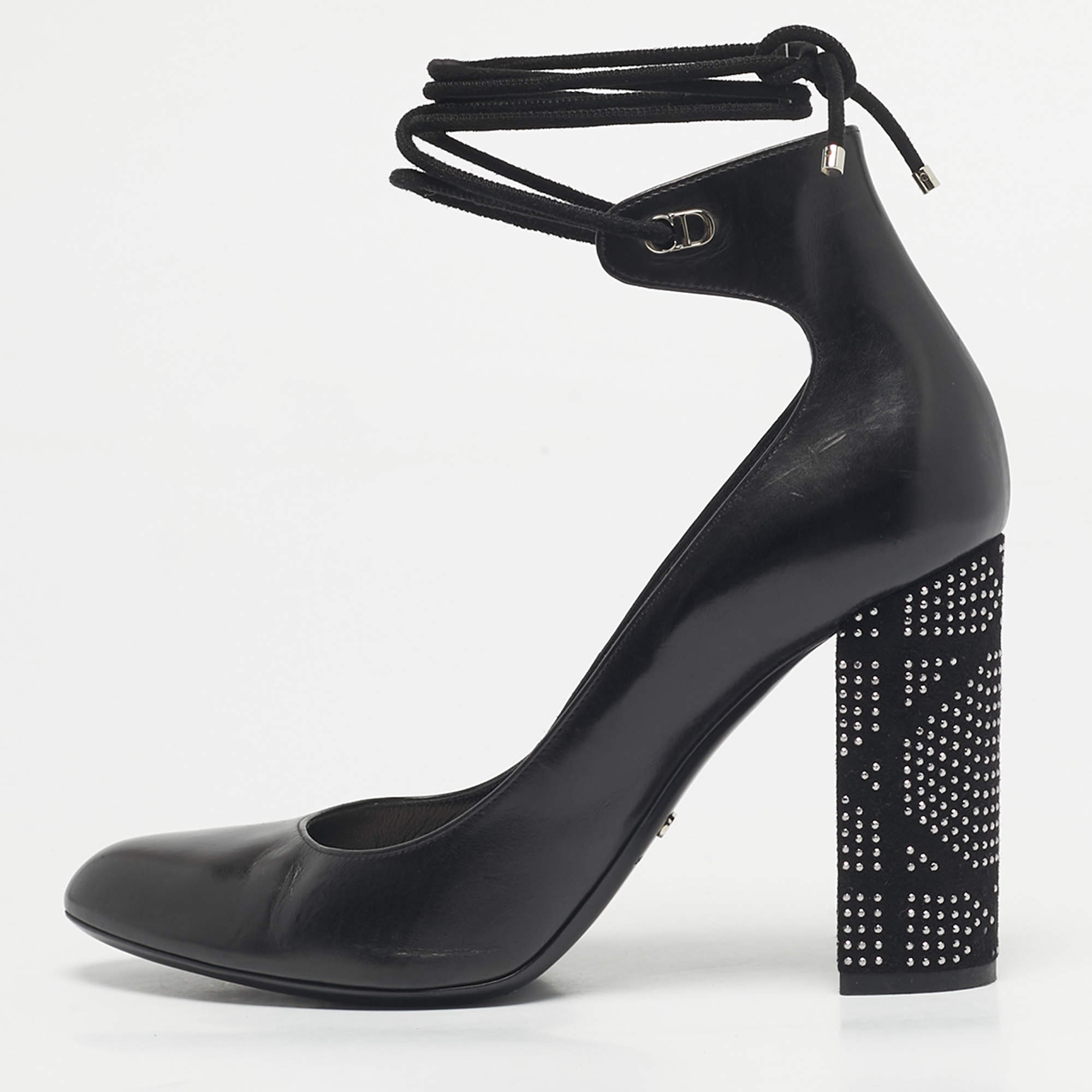 Pre Owned Dior Black Leather Stellar Block Heel Ankle Tie Pumps Size 40