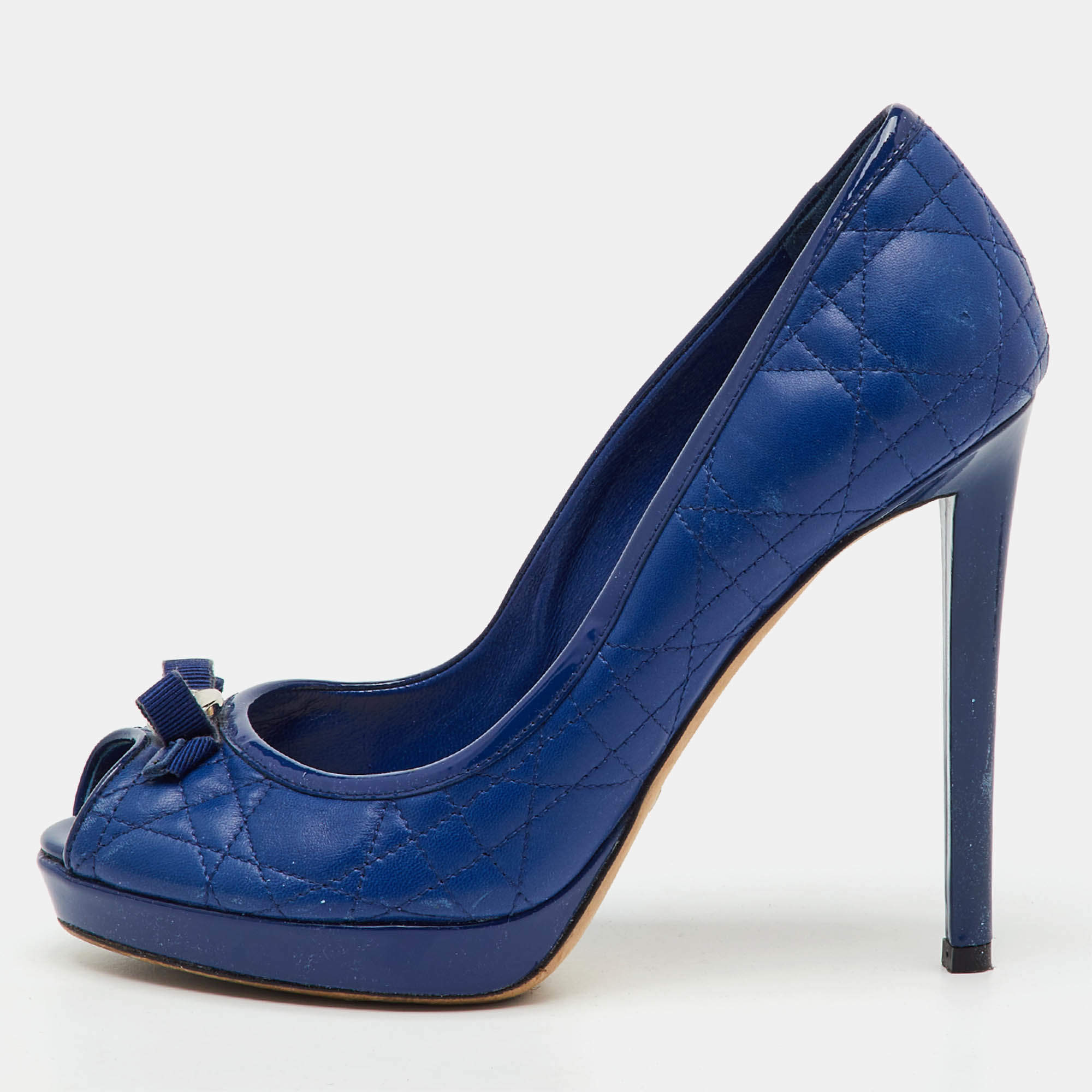 Pre Owned Dior Blue Cannage Leather and Patent Bow Peep Toe Platform Pumps Size 37
