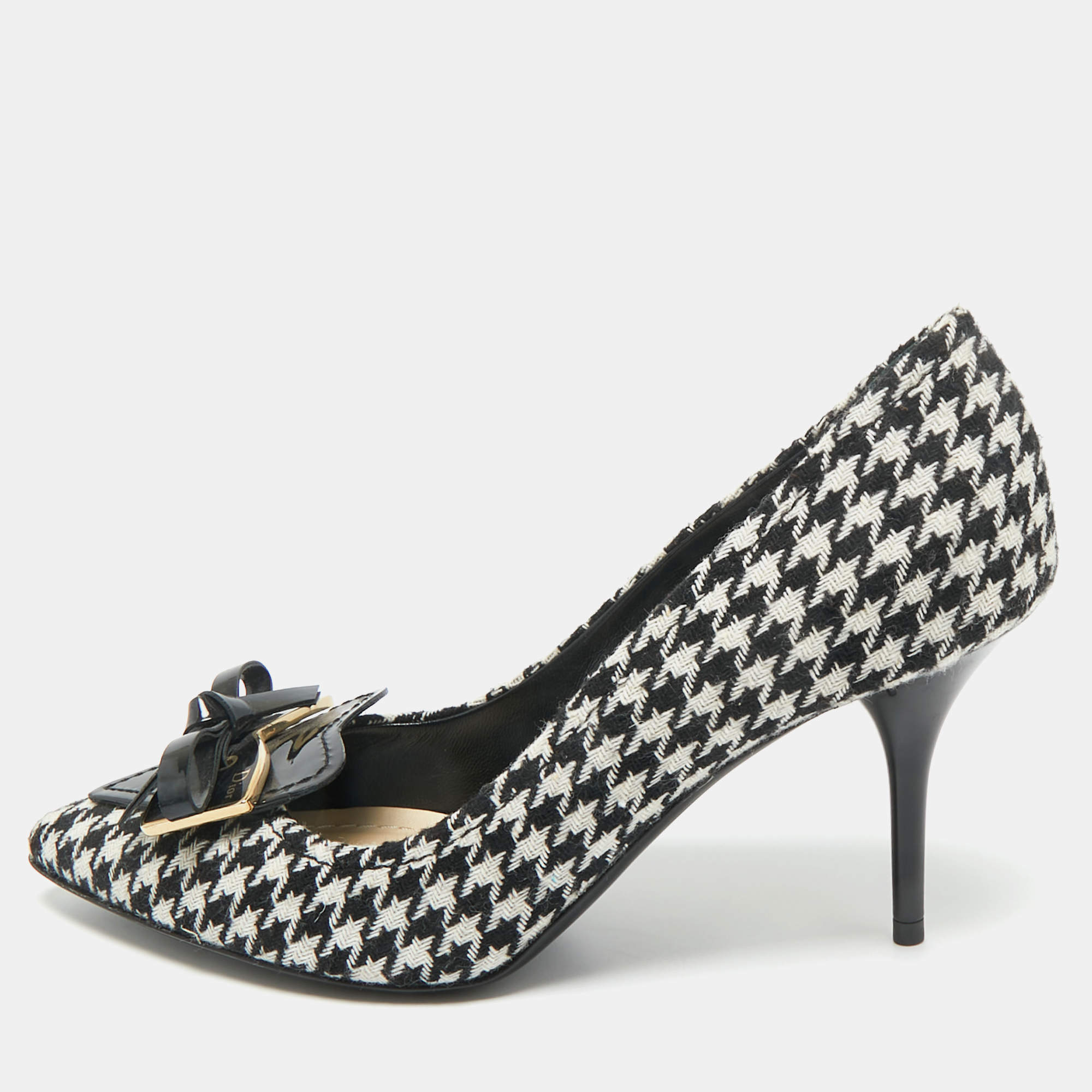 Pre Owned Dior Black/White Knit Fabric Bow Pointed Toe Pumps Size 36