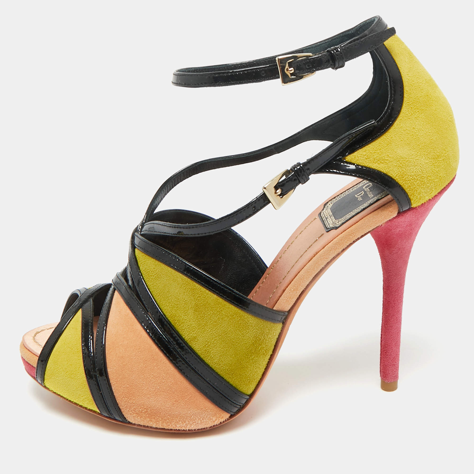 Pre Owned Dior Multicolor Patent Leather and Suede Peep Toe Sandals Size 36