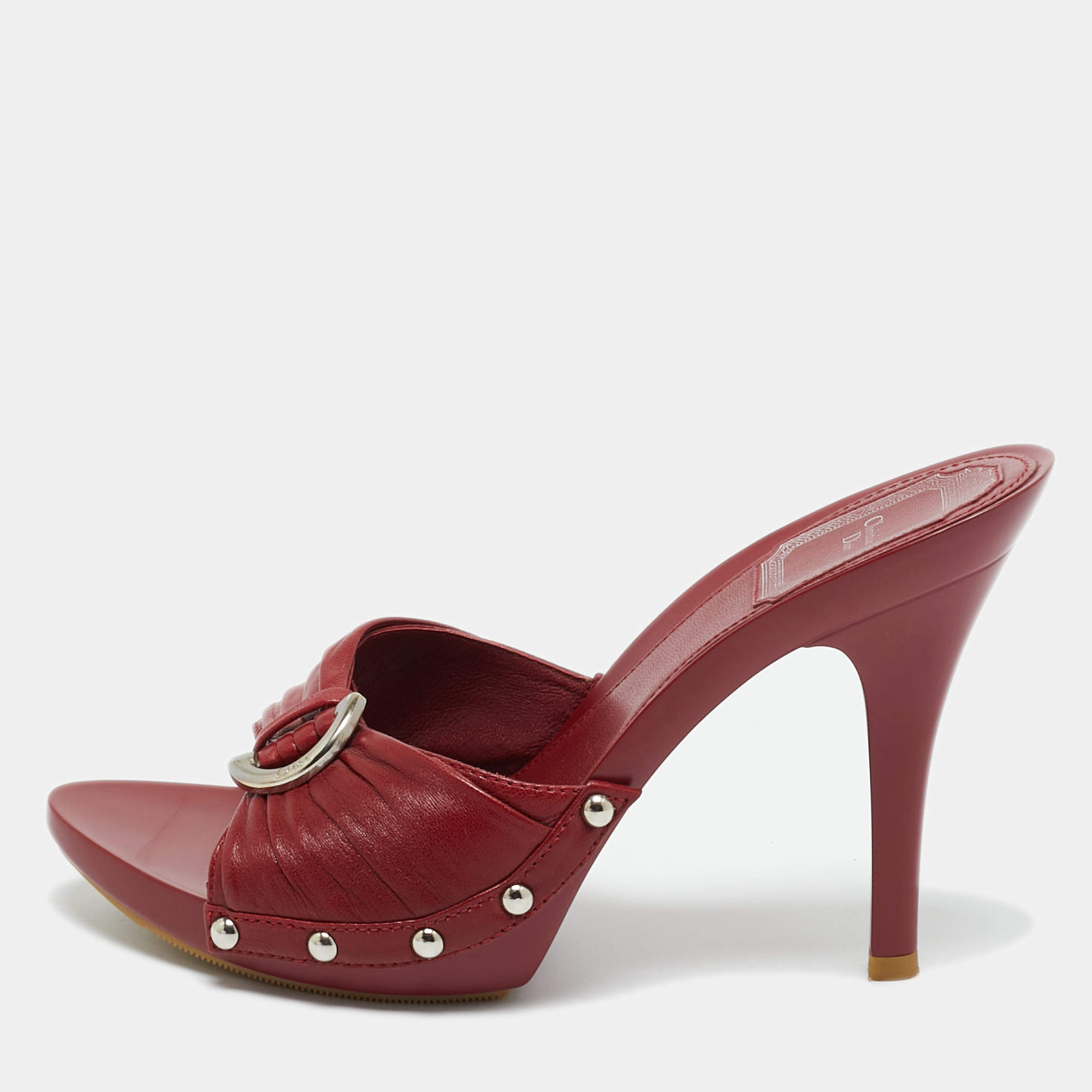 Pre Owned Dior Dark Red Leather Studded Slide Sandals Size 36.5