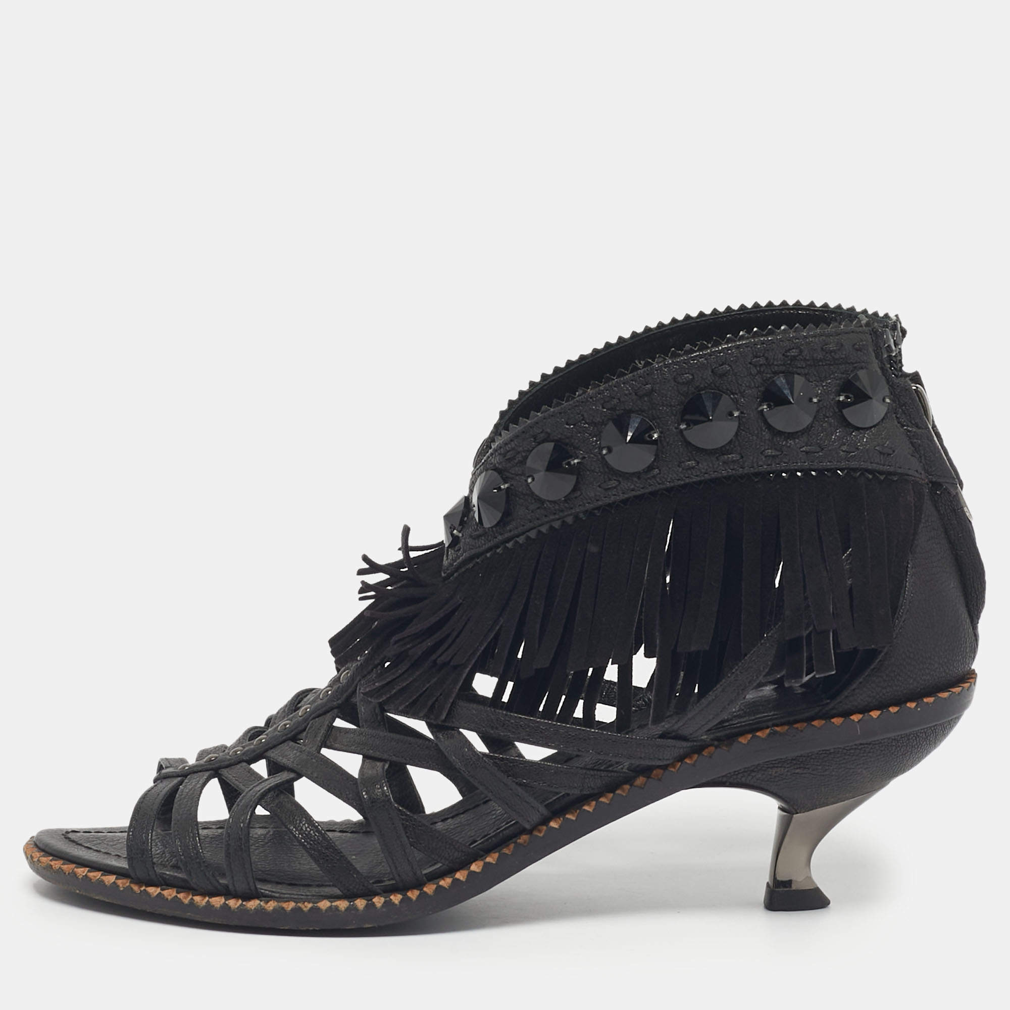 Pre Owned Dior Black Leather Crystal Embellished Strappy Sandals Size 36