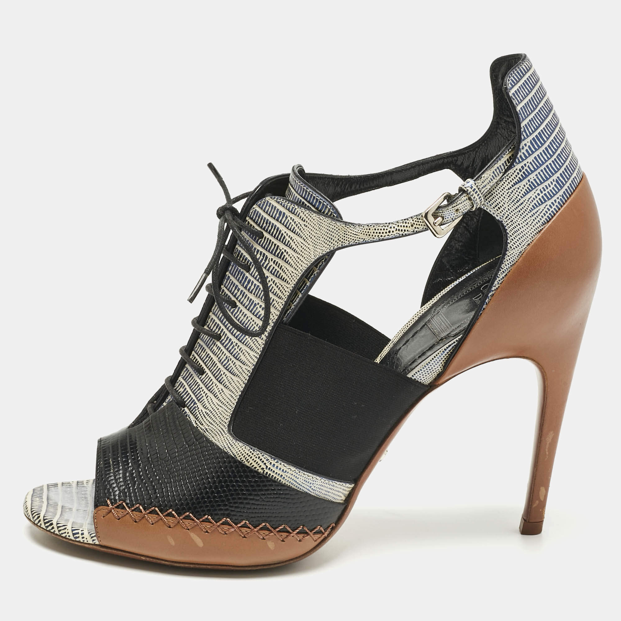 Pre Owned Dior Tricolor Lizard Embossed Leather and leather Cut Out  Booties Size 40