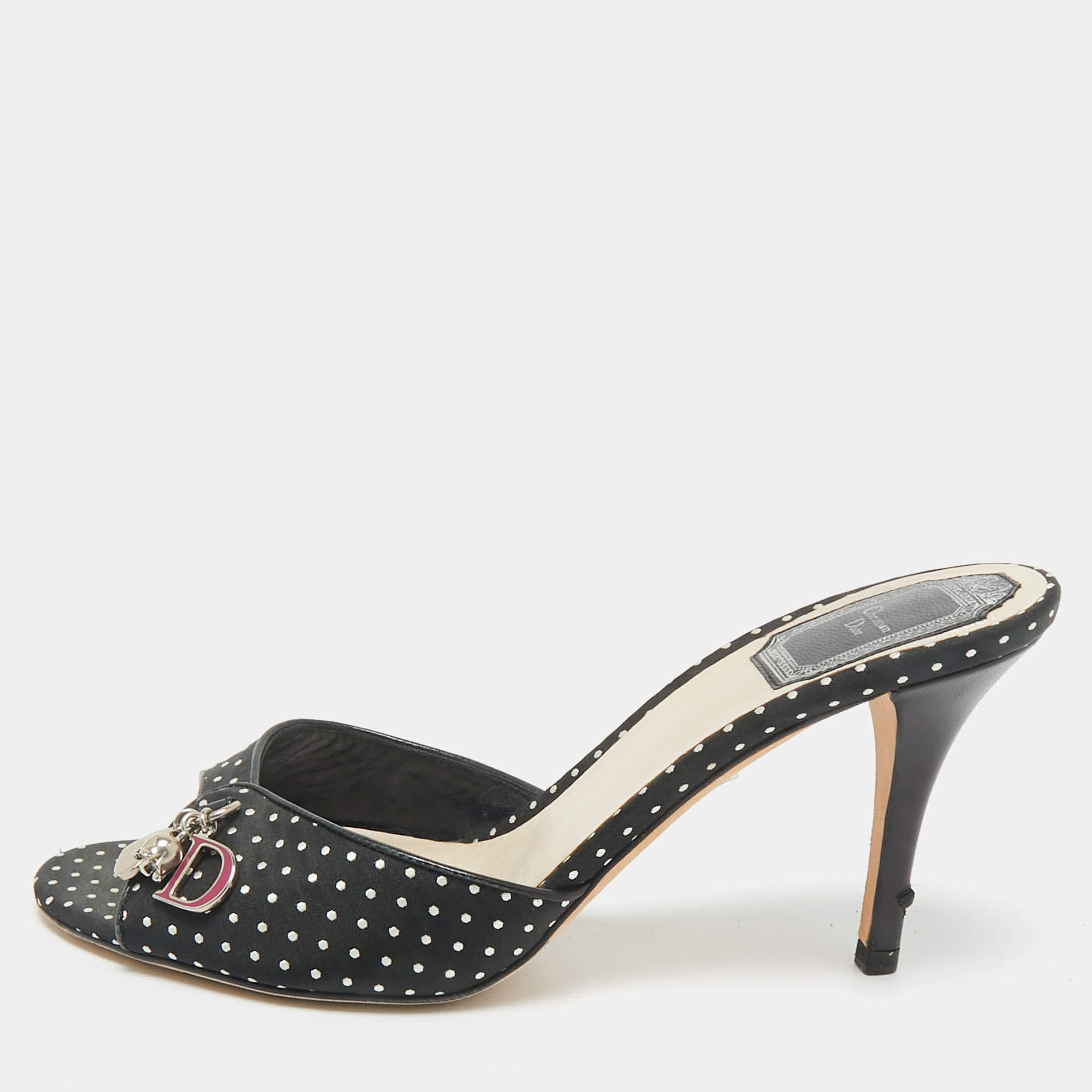 Pre Owned Dior Black/White Dot Fabric Slide Sandals Size 36.5