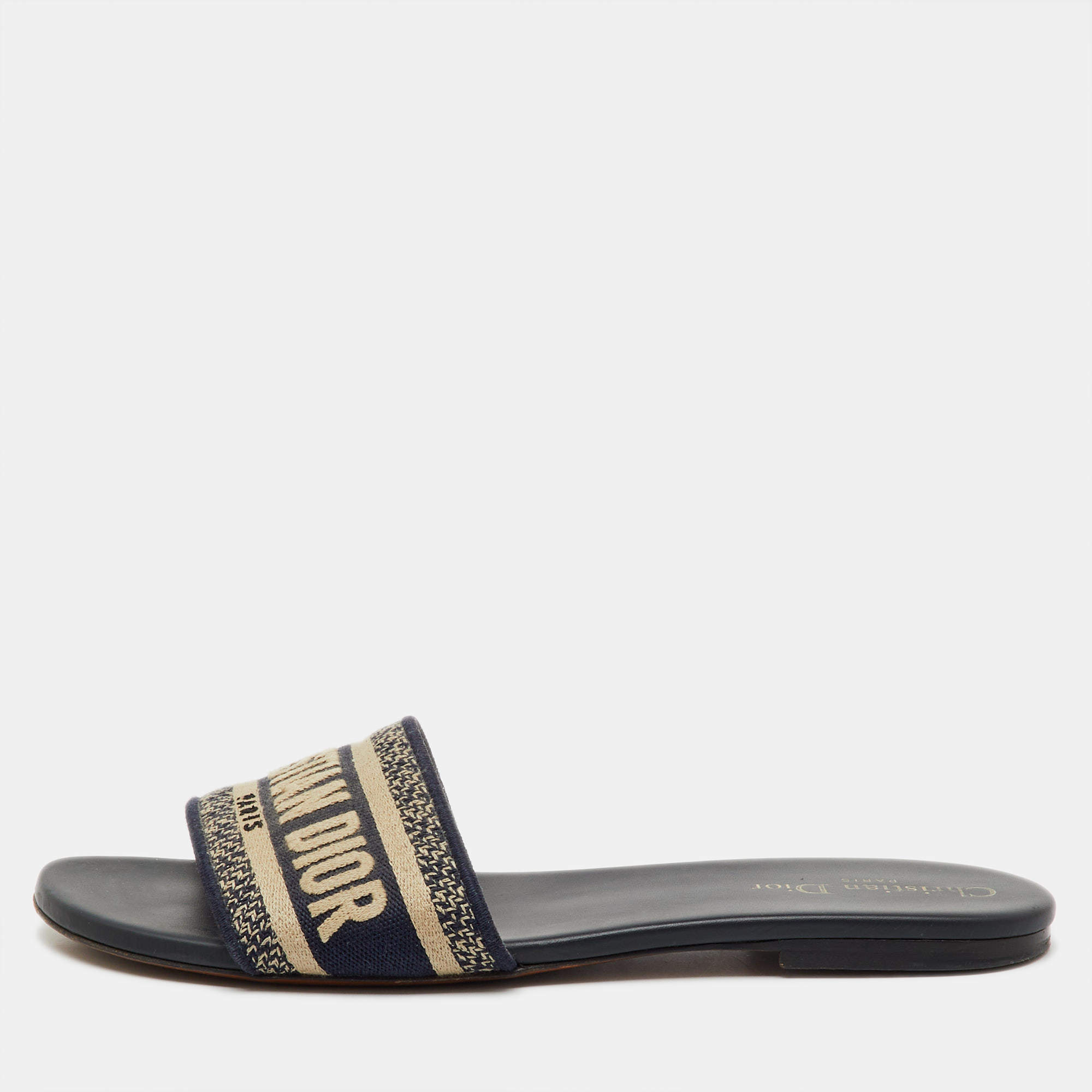 Pre Owned Dior Navy Blue Embroidered Canvas Dway Flat Slide Sandals Size 40