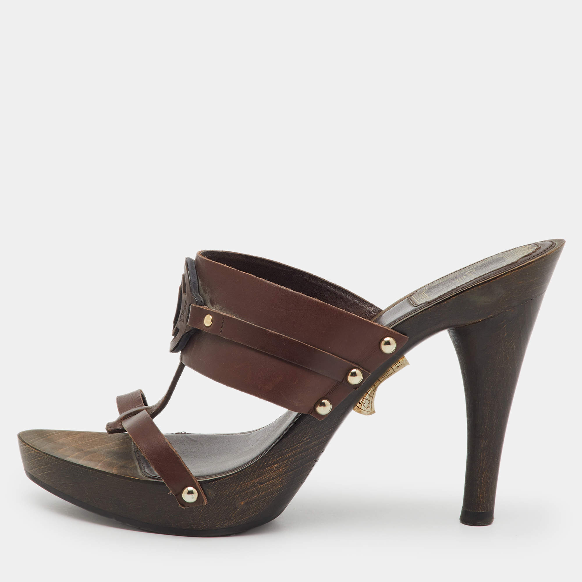 Pre Owned Dior Dark Brown Leather Logo Platform Wooden Clogs Size 37
