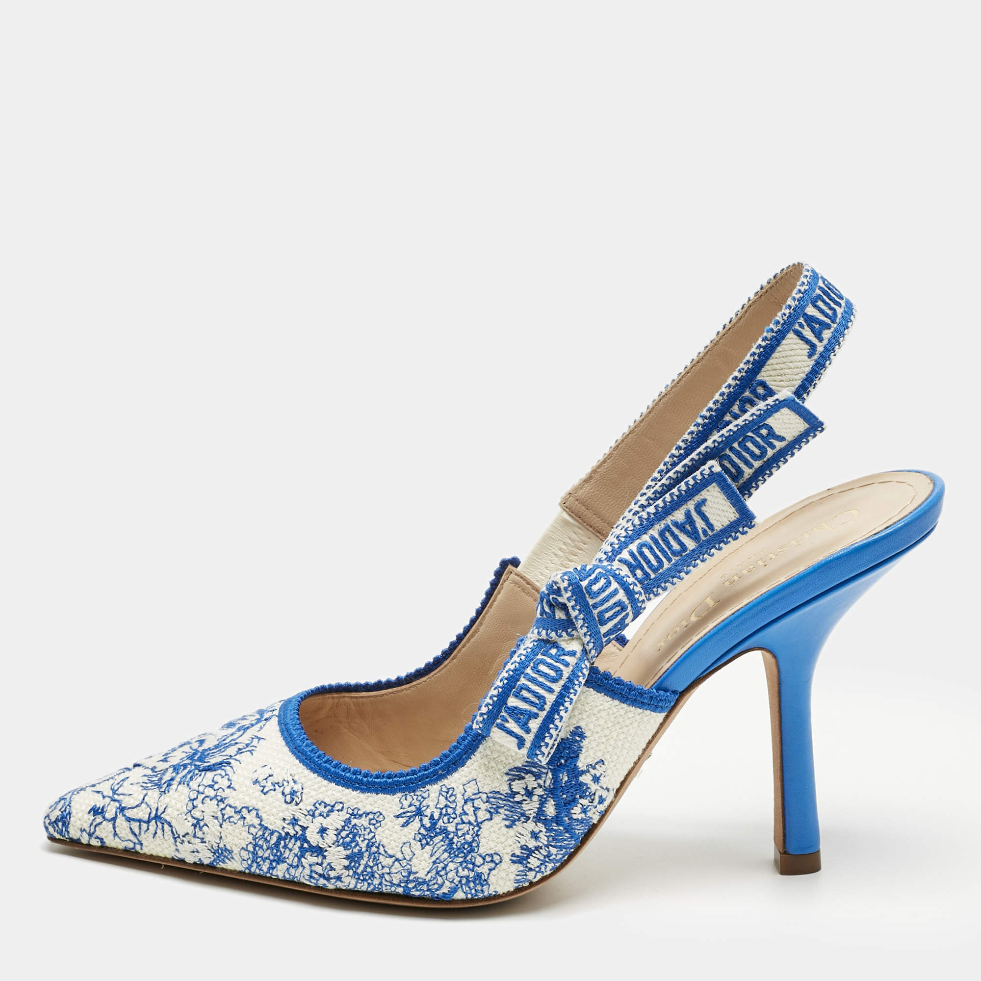 Pre Owned Dior Blue/White Technical Fabric J'adior Slingback Pumps Size 37.5