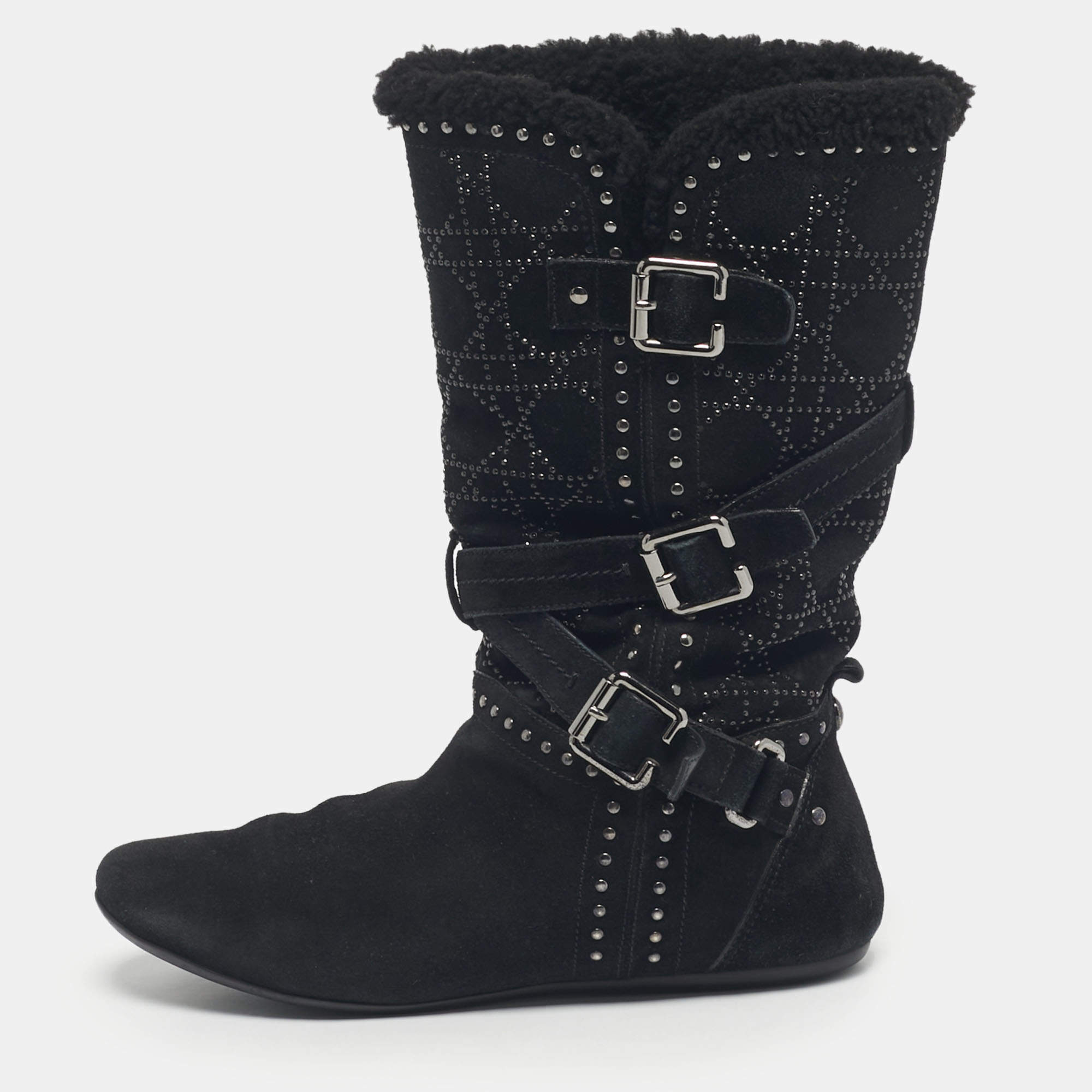 Pre Owned Dior Black Suede Studs Mid Calf Riding Boots Size 36