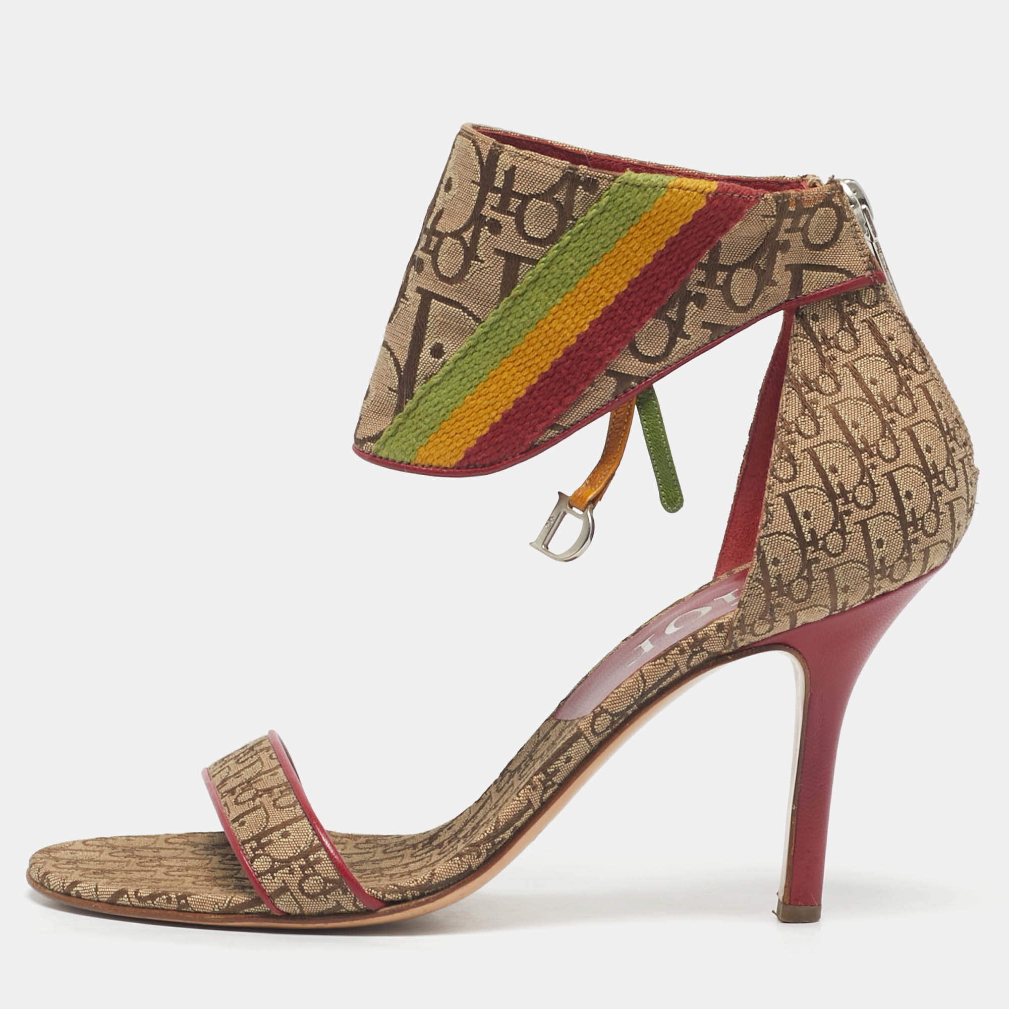Pre Owned Dior Brown Monogram Canvas Ankle Strap Sandals Size 36.5