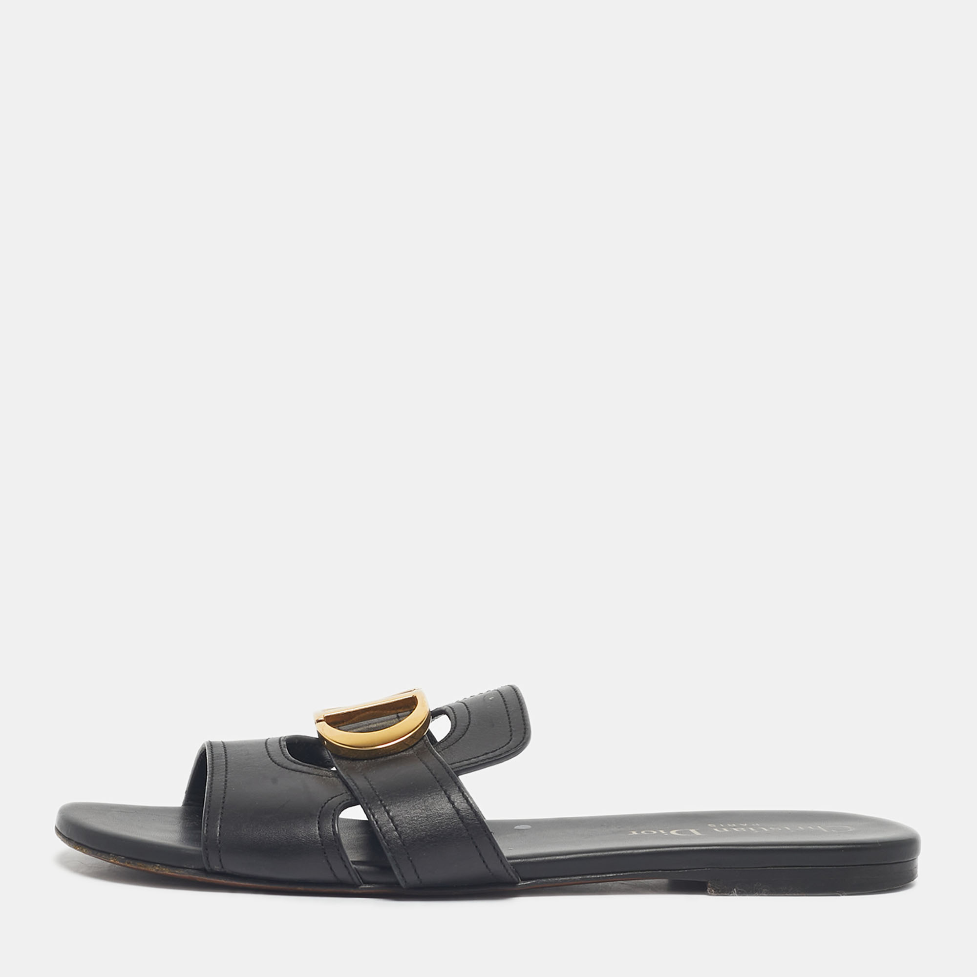 Pre Owned Dior Black Leather 30 Montaigne Flat Slides Size 36