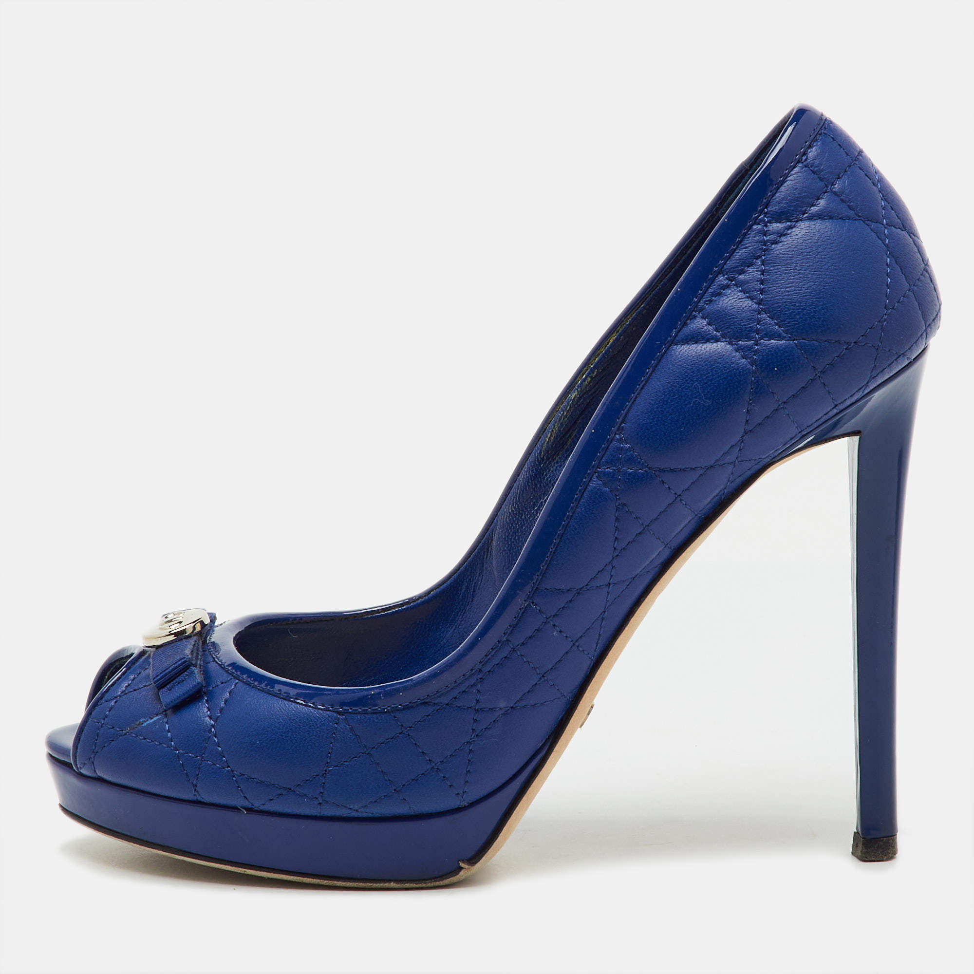 Pre Owned Dior Blue Cannage Leather and Patent Leather Bow Peep Toe Platform Pumps Size 37.5