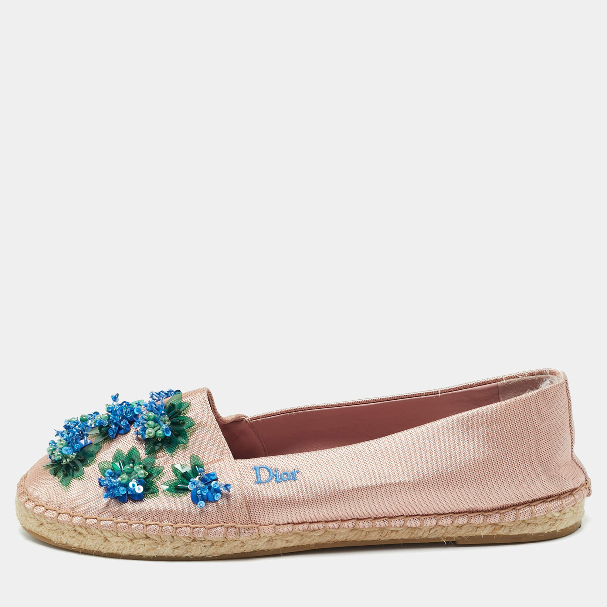 Pre Owned Dior Crepè Pink Floral Embellished Canvas Espadrille Loafers Size 38